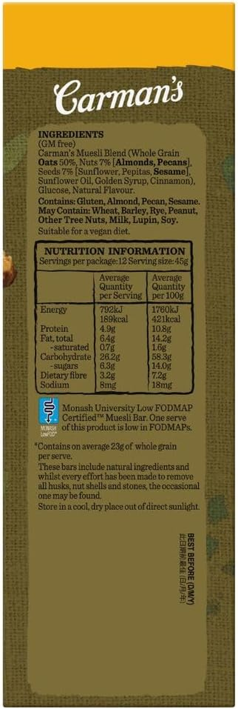 Carman'S Muesli Bars Original Fruit Free Value Pack 3X540G (Pack of 36) image number 4