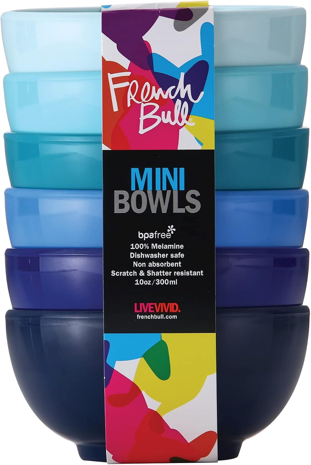 French Bull Melamine Mini Bowls for Snacks, Side Dishes, Dessert, Dipping Sauces or Ice Cream - Colorful Assorted Set of 6-10 Ounce - 4" Bowls - Shades of Blue image number 4