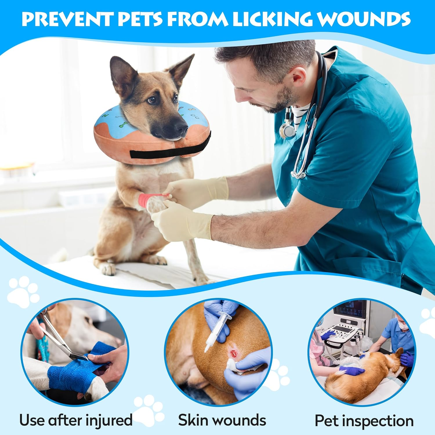 Inflatable Recovery Dog Cone, Protection Dount Collar for Small Medium Large Dogs, Adjustable Soft E-Collar for Dogs and Cats after Surgery, Cute Dog Bone Pattern (Blue, Small) image number 2