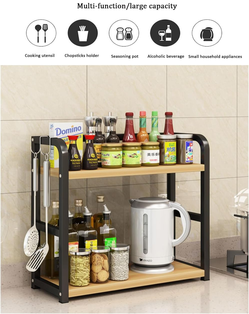 Dreamhousey Kitchen Countertop Stainless Steel +Wooden Board 2-Tier Seasoning Storage Rack, Kitchen Desktop Condiment Can Tank Supplies Organizer Shelf (Black+Oak, 2-Tier), 8-3-1 image number 3