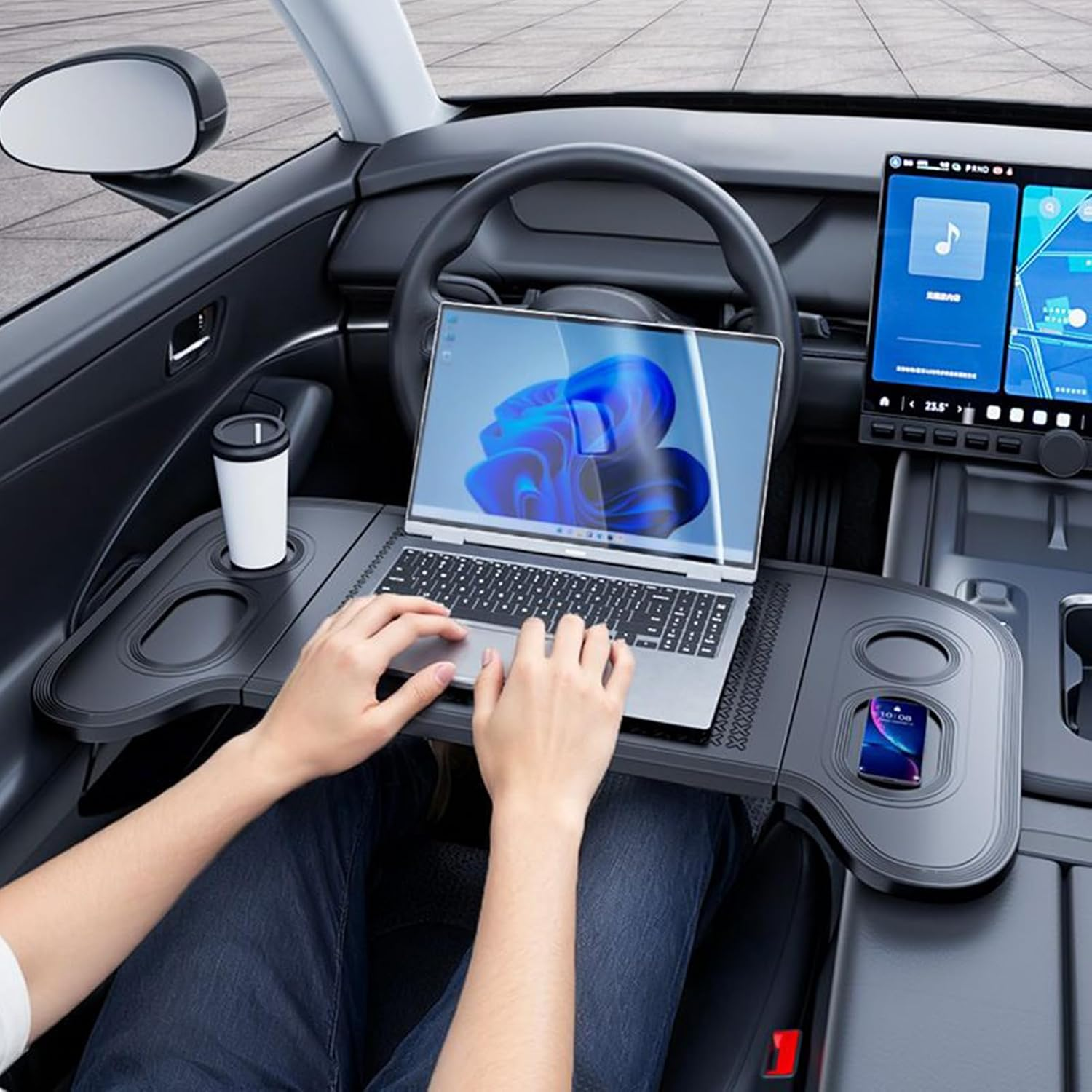 Car Tray - Foldable Laptop Cup Tray - Food Desk Work Stand | for Camping Meeting Work Eating Travel Truck Van Snack Cup Computer Laptop Road Trip image number 2