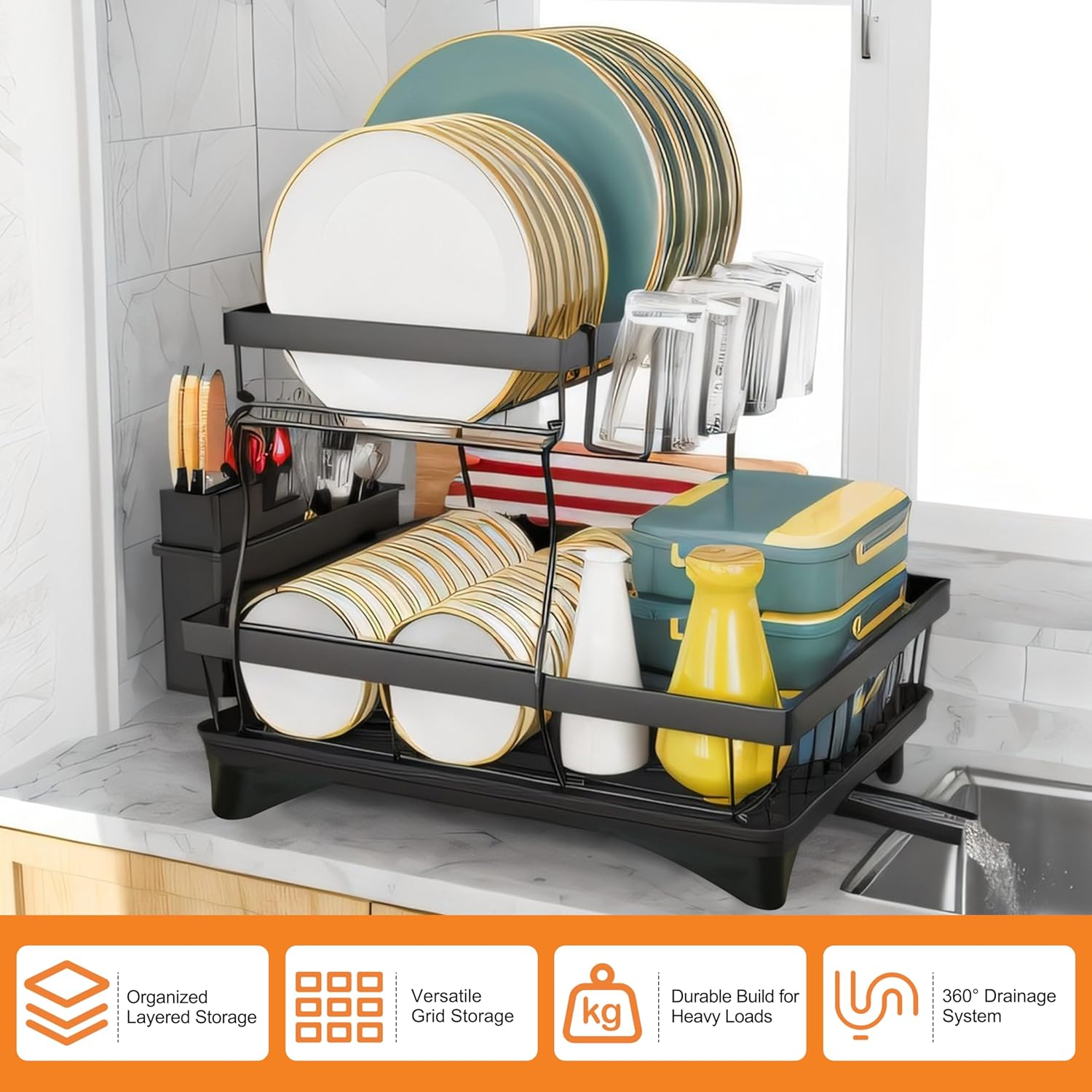 2-Tier Dish Drying Rack &ndash; Heavy-Duty Dish Drainer with 360&deg; Rotating Drainage System, Space-Saving Kitchen Storage & Organization, Black image number 1