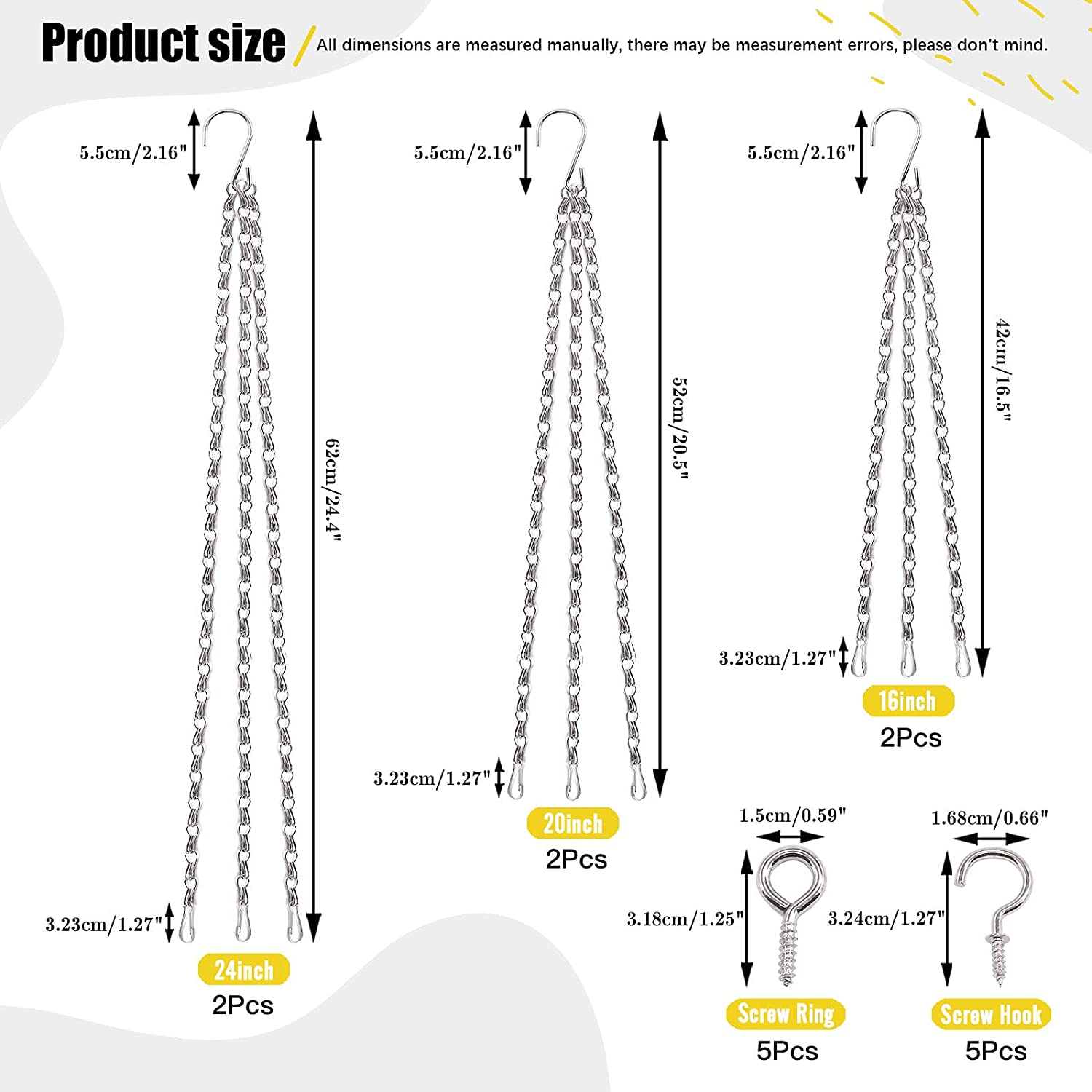 16 Sets 3 Types Long Hanging Basket Chains and Hooks Assortment Kit Chains Hanger for Bird Feeders, Planters, and Decors Suitable for Home Apartment Bedroom Indoor or Outdoor Use