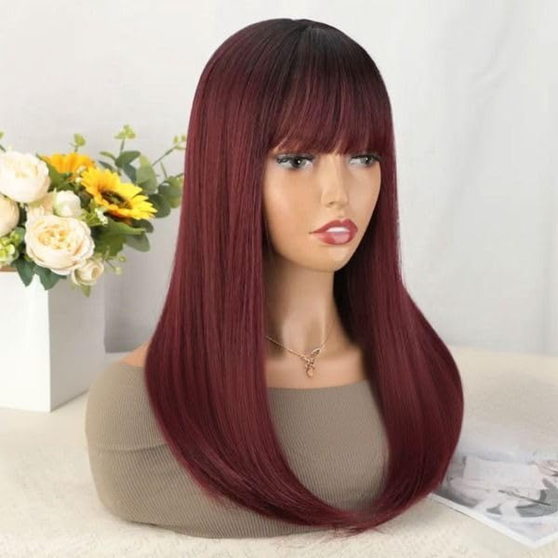 Long Straight Wigs for Women Women Synthetic Full Hair Natural Wine Red Ombre Wig with Tidy Fringes for Cosplay Costume or Daily Life (Wine Red, 26Inch) image number 2