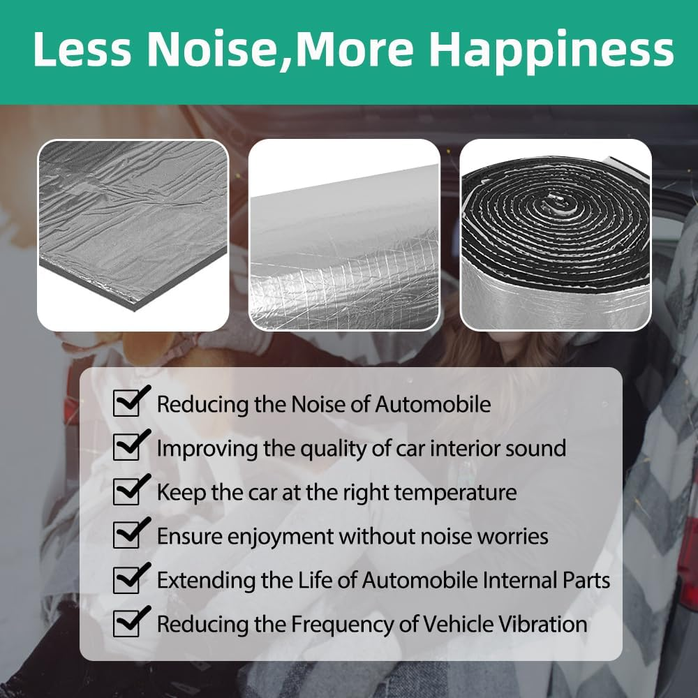 VOLKWELL 5Mx0.5M Sound Deadener Car Roll Foam, 50% Thicker Heat Shield Noise Foil Insulation Mat, Easy to Cut Self-Adhesive Noise Proofing, Deadener Pad Exhaust Muffler Hood Waterproof(26.91 Sqft) image number 2