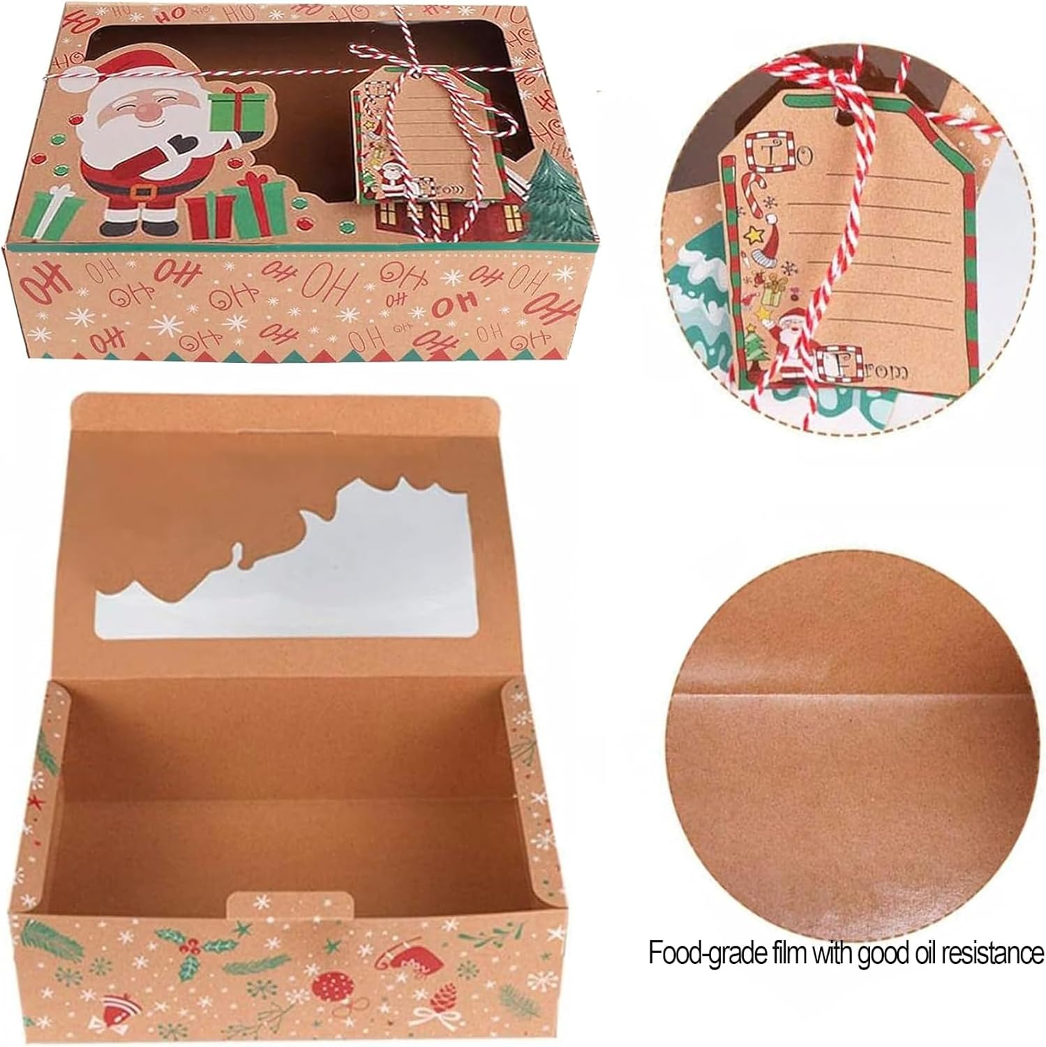 12 Piece Christmas Cookie Boxes with Window, Large Holiday Kraft Bakery Snack Boxes with Window, DIY Tags and Ribbons,Christmas Kraft Cupcake Boxes for Gift Giving Xmas Food Containers image number 4