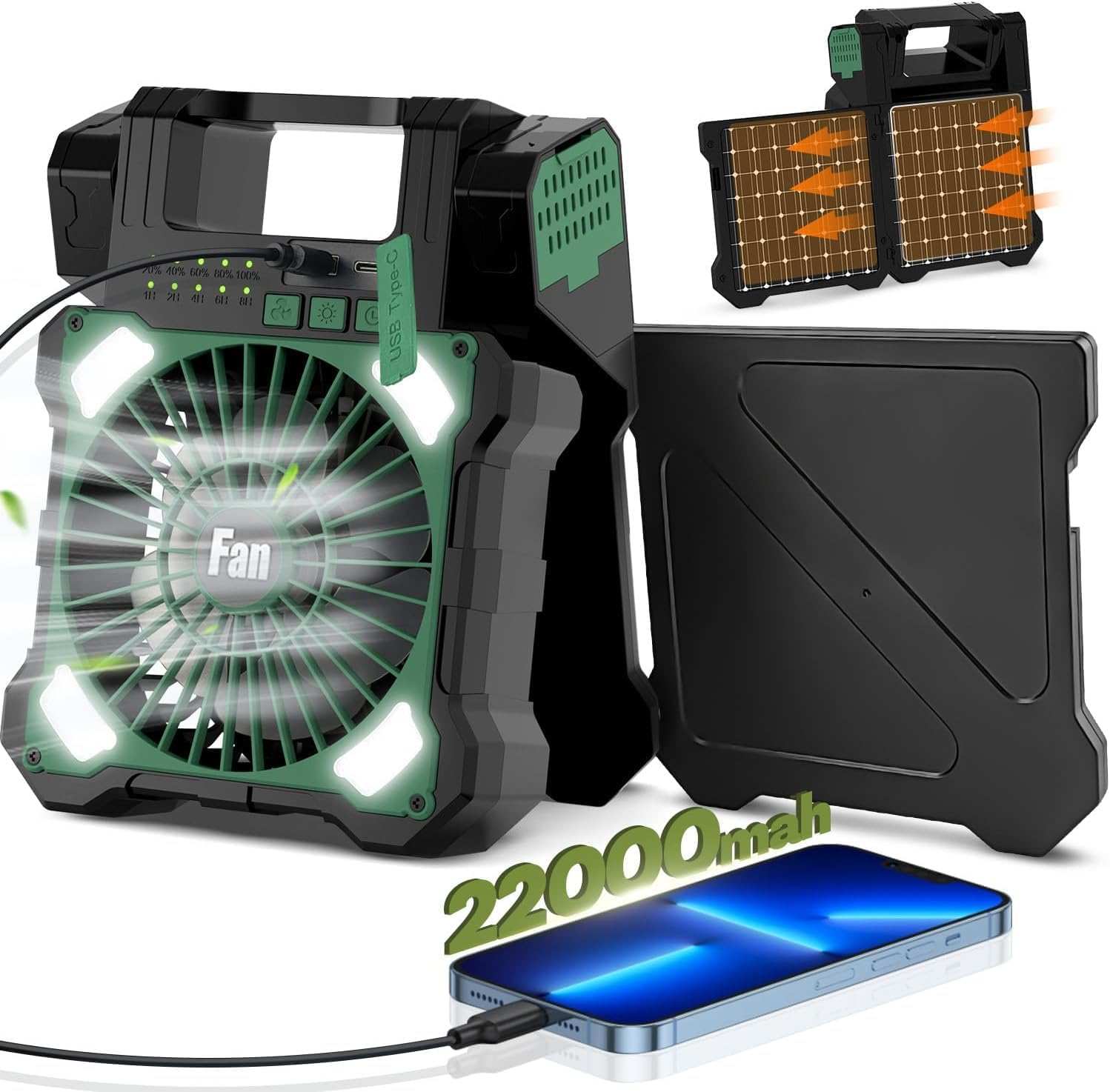 Camping Solar Fan, Dual-Panel Rechargeable Solar Powered Fan with LED Light, 5 Adjustable Speeds Battery Powered Portable Fans, USB-C Fans for Travel Tent Home Camping Accessories image number 5