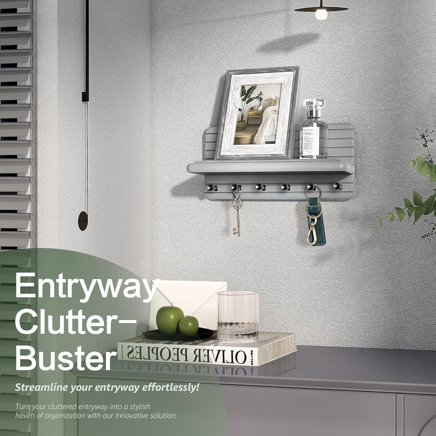 QYINXIU Key and Mail Holder for Wall, Mail Organizer with 6 Hooks and Storage Drawer, Wall Mount Key Rack (Grey) - Grey image number 2