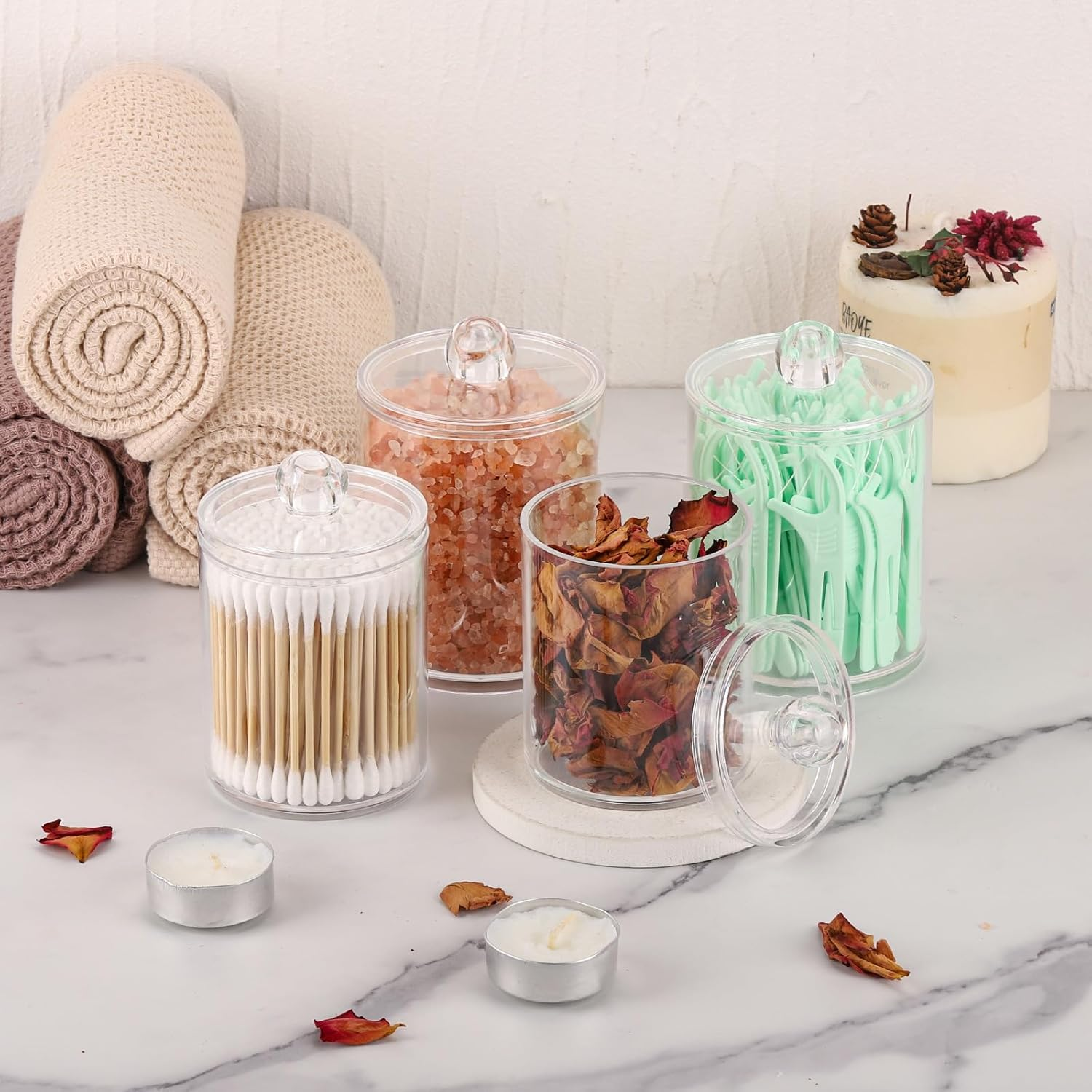 Tbestmax 4 Pack Qtip Holder - Restroom Bathroom Organizers with Clear Plastic Apothecary Jars for Cotton Swab, round Pads, Floss image number 6