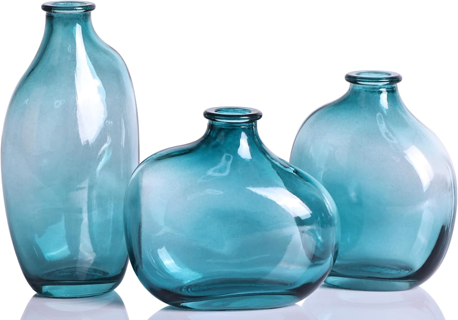 Set of 3 Light Blue Glass Bud Vases, Modern Decorative Fresh Flowers Small Vases for Home Table Centerpieces Wedding Parties Office Kitchen Shelves Decorative Bulk Mini Vases.