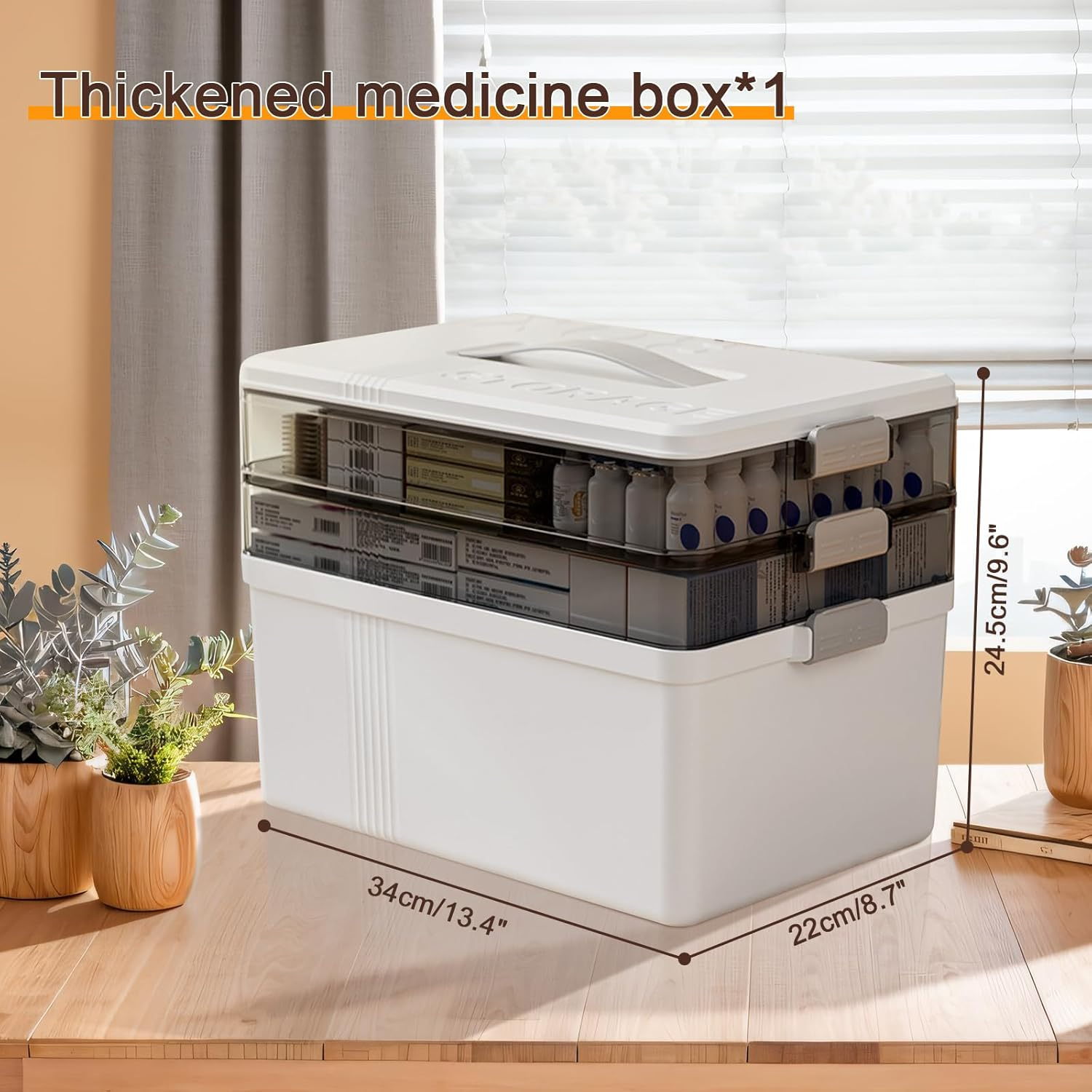 3-Layer Medicine Storage Box with Handle, Large Capacity First Aid Organizer, Moisture-Proof & Dustproof, Portable Multi-Purpose Plastic Storage Container for Medicine, Cosmetics, Household Essentials image number 1