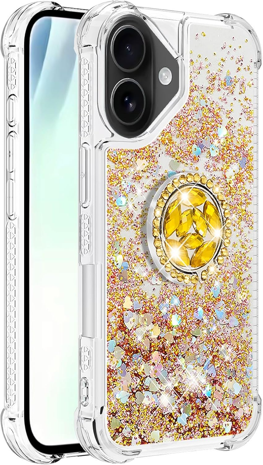 IMEIKONST Glitter Case for Iphone 17 Mobile Phone Case with Ring Stand, Sequins Liquid Quicksand Transparent Protective Case Shockproof TPU Cover for Iphone 17 Love Gold YBZ image number 6