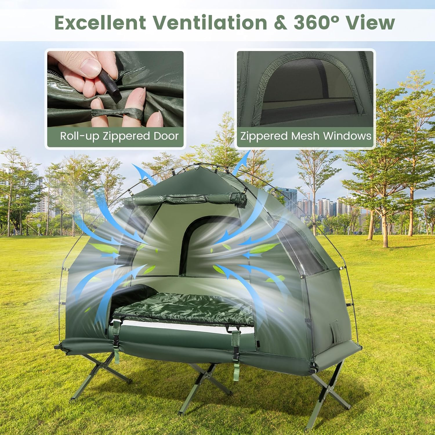 Costway 1-Person Camping Tent Cot, 5 in 1 Foldable Camping Tent with Air Mattress and Sleeping Bag, Elevated Travel Hiking Tent with Carry Bag, Waterproof Portable Sleeping Cot for Hiking, Traveling image number 4