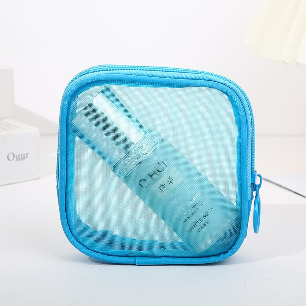 6Pcs Mesh Makeup Bag Mesh Cosmetic Bag Travel Toiletry Bag Pouch with Zipper Mini Portable Makeup Cosmetic Travel Toiletry Purse Bag for Daily Accessories(Lake Blue+Pink)