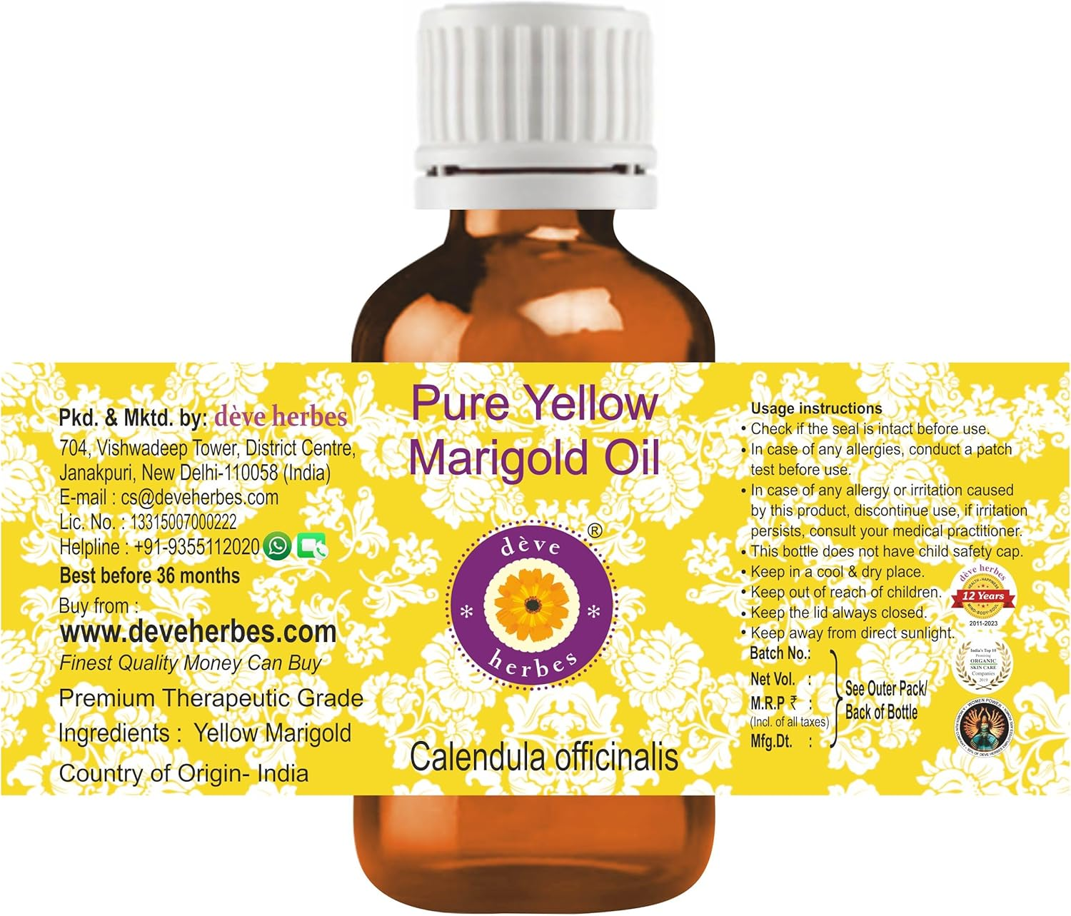 Deve Herbes Pure Yellow Marigold Oil (Calendula Officinalis) 15Ml (0.50 Oz)