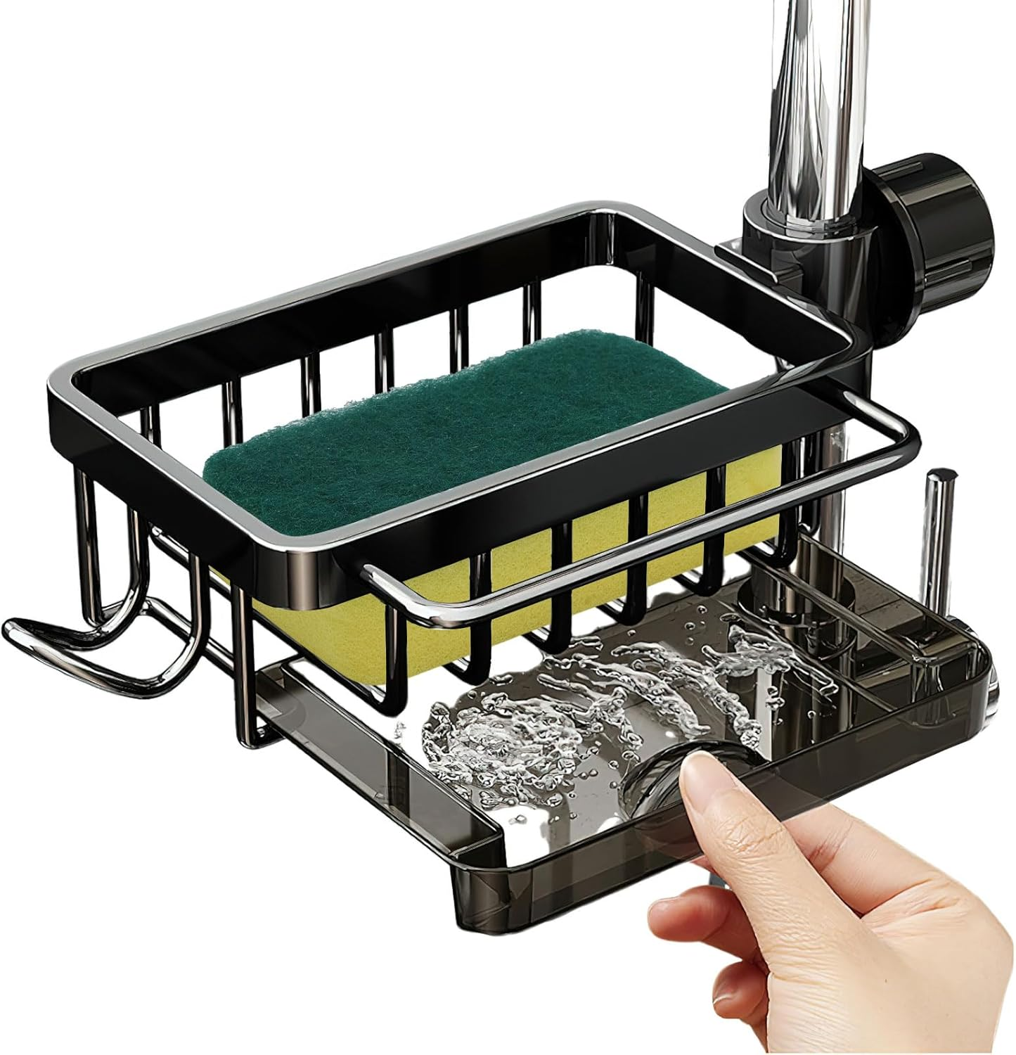 HENGBIRD Kitchen Sink Organiser, Stainless Steel Soap Sink Organiser, Sponge Holder, Towel Holder, Sink Organiser with Hooks for Kitchen and Bathroom, Black image number 2