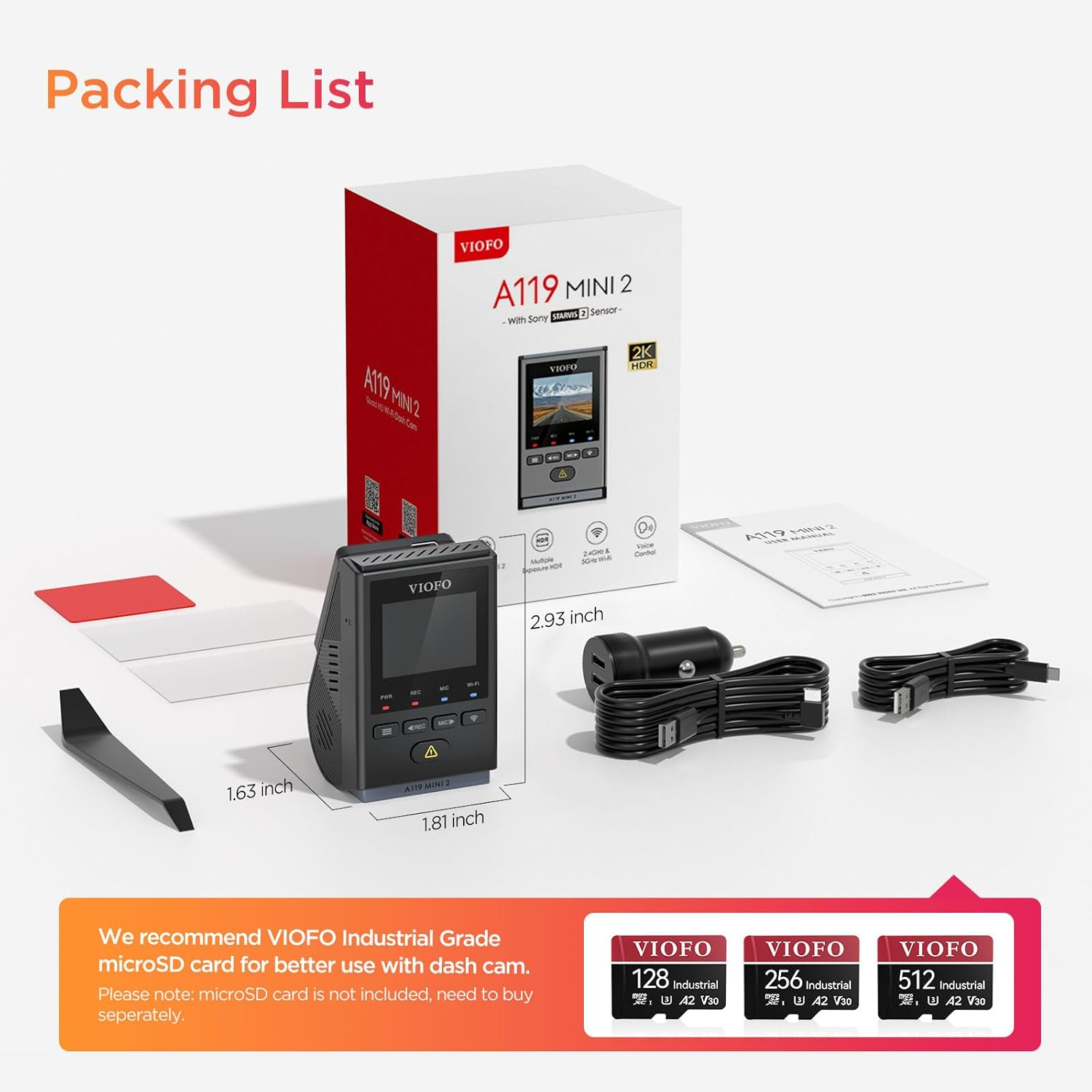 VIOFO Mini Dash Cam A119 MINI 2, STARVIS 2 IMX675 Sensor, 2K 60Fps Voice Control Front Car Dash Camera with 5Ghz Wi-Fi GPS, HDR Night Vision, 24H Buffer Parking Mode, Supercapacitor image number 1