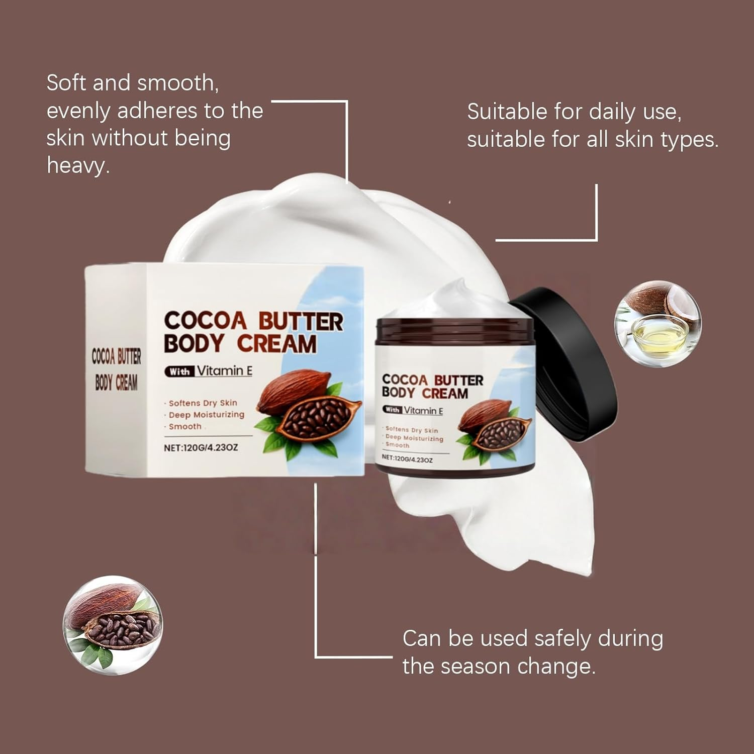 Cocoa Butter Face & Body Cream，Vitamin E Cream，Mens Skin Firming Body Lotion for Extremely Dry Skin, Cocoa Bodys Butter&Deep Nourishing Serum for Women, Skins Tightening Creams for Bodys (3) - 1 image number 2