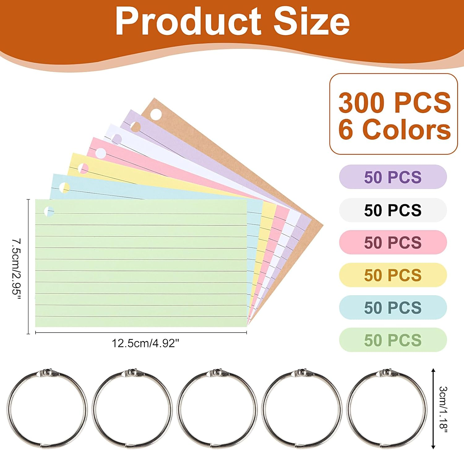 300 Sheet Flash Cards Revision, A7 Lined Index Cards with Kraft Paper, Flashcards with 6 Binder Rings, Cue Cards for Office, School, Home Study Records image number 5