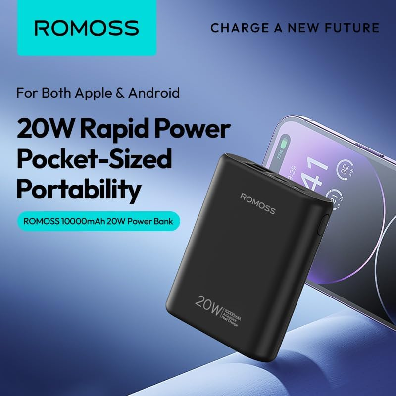 ROMOSS PCT10 10000Mah Mini Power Bank, PD 20W Fast Charge Portable Charger with 3 Outputs, Compact Size Battery Pack for Iphone 17/16/15/14, Samsung and More Android Phones