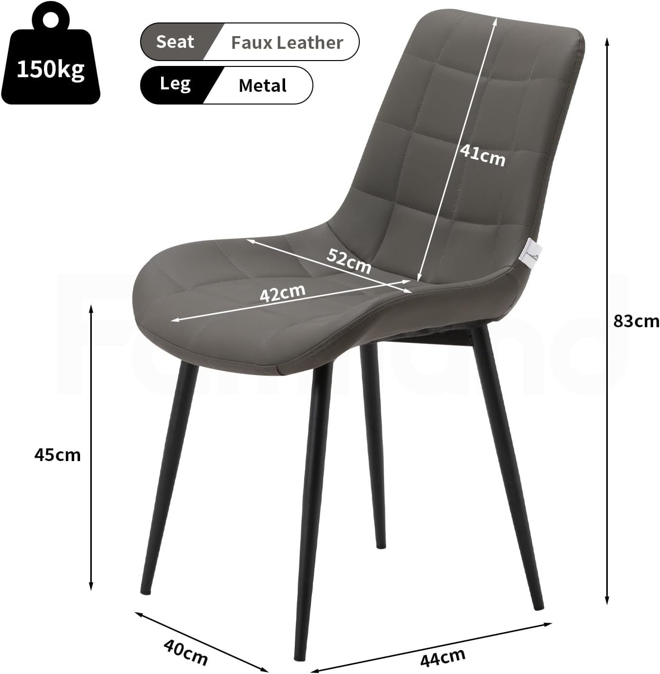 Contemporary Dining Chair Set of 4, Grey, Ergonomic, Sturdy Base, Metal Frame, Polyurethane Upholstery, Perfect for Dining Rooms - Pu-Grey image number 3