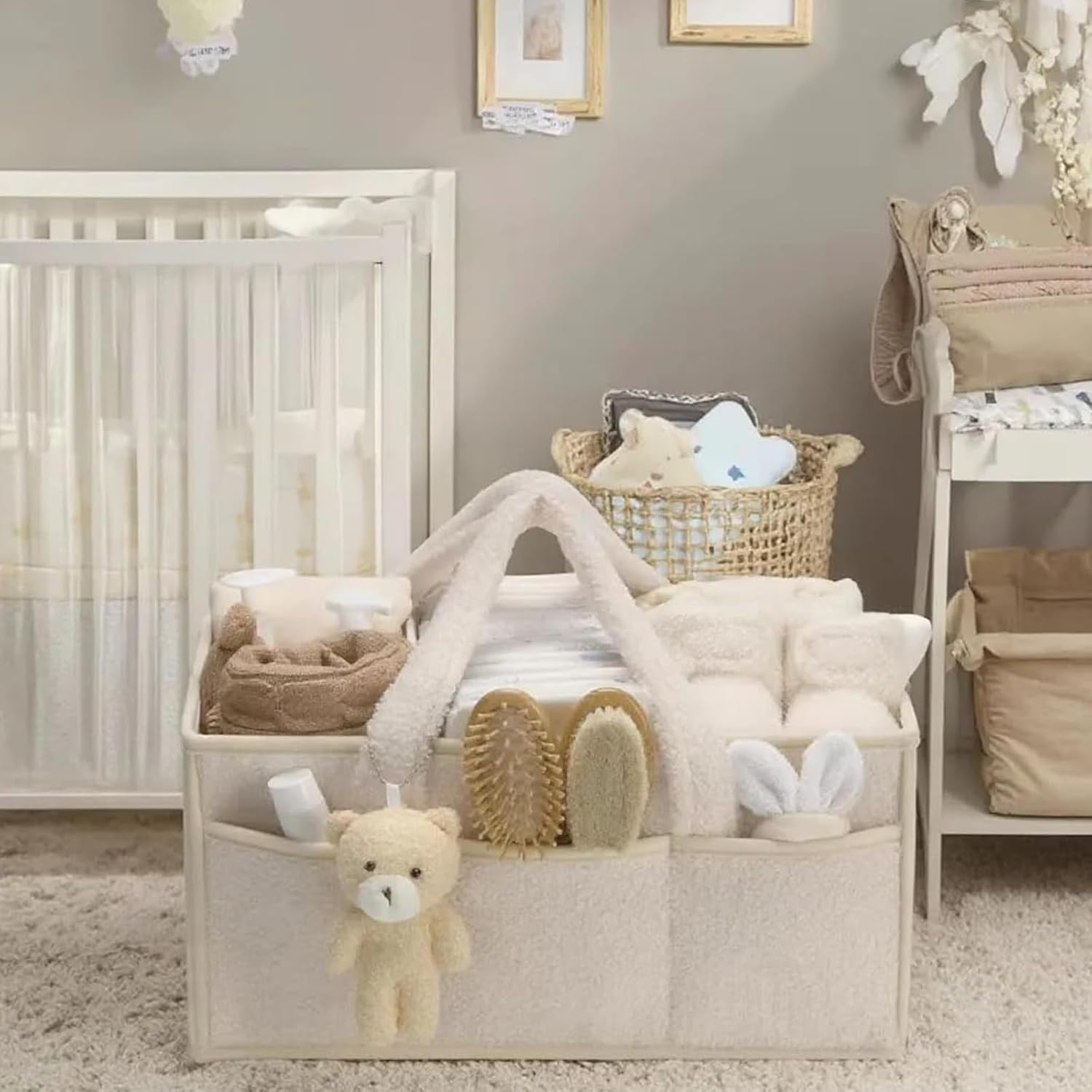 Baby Diaper Caddy Organizer with Handle - Portable Sherpa Nursery Basket - Car Diaper Organizer, Cleaning Caddy, Baby Shower - Ivory image number 3