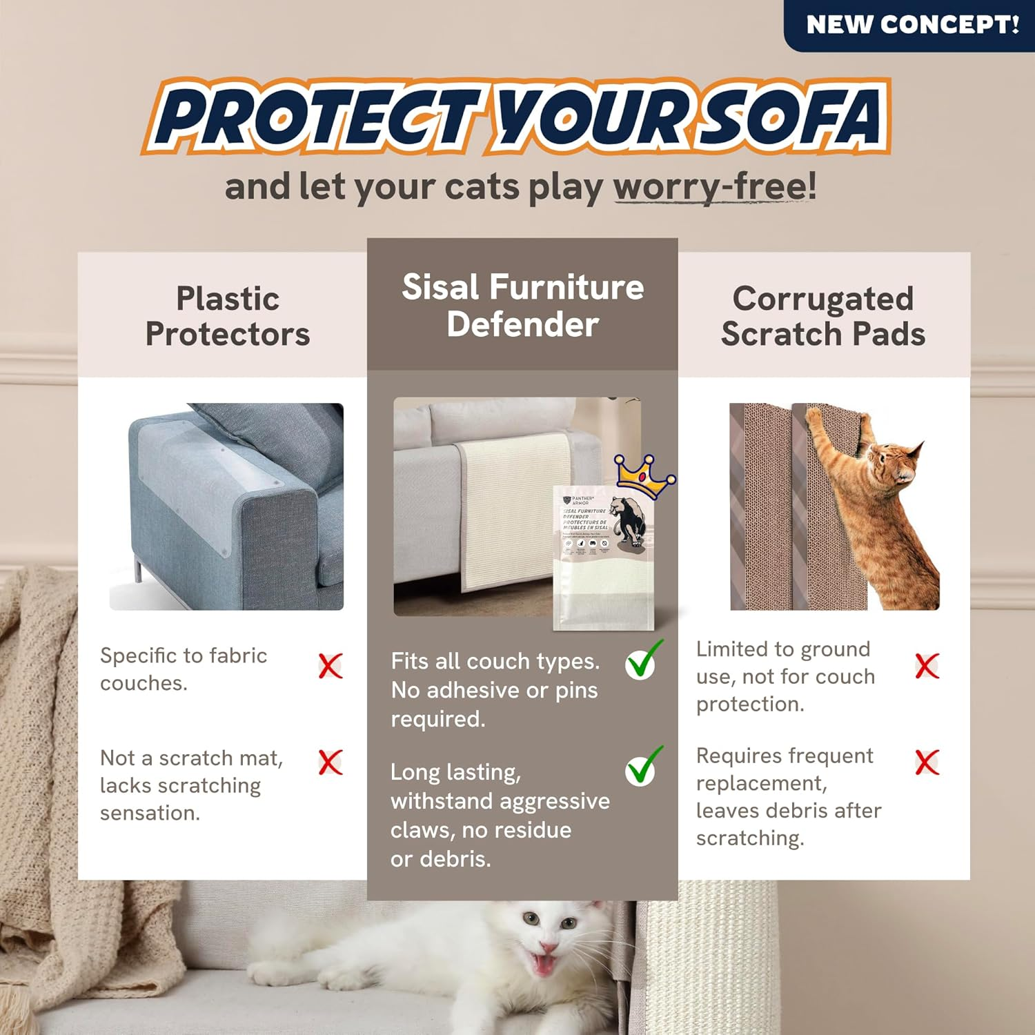 Panther Armor Sisal Furniture Defender, Cat Scratcher for Couch [Beige-Back Rest] Protect Sofa from Cats Scratching, Sofa Scratcher, Couch Scratching Post image number 1