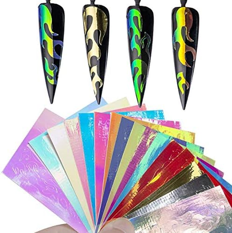 Aeyistry 16 Sheets Flame Reflections Nail Art Stickers Flame Holographic Nail Decals for Nails Foils Adhesive Decoration(Mixed Colors) image number 5