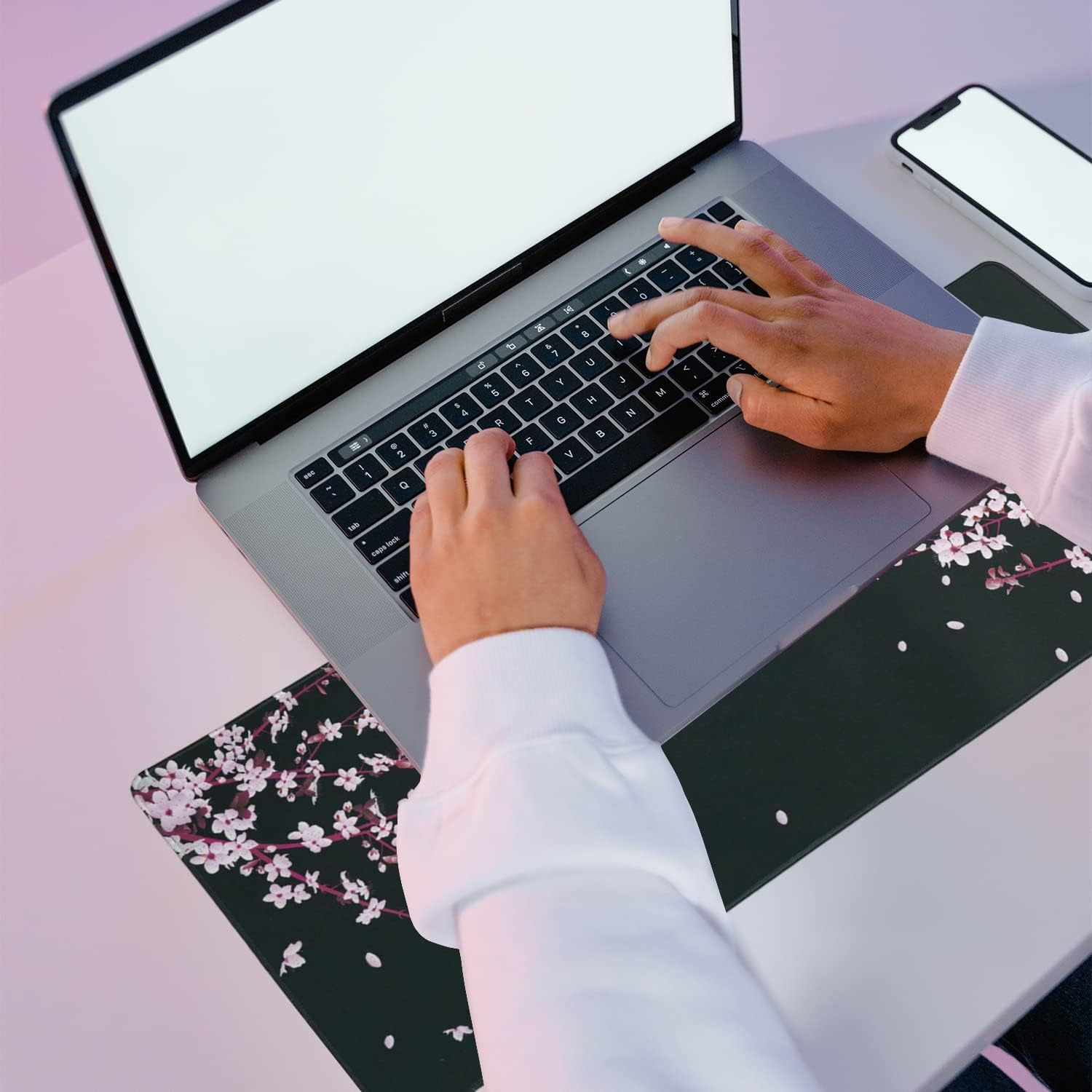 Japanese Cherry Blossom Sakura Mouse Pad Black XL, Extended Large Mouse Pad, Kawaii Pink Black Mousepad, Moon Floral Long Big Desk Mouse Mat, Cherry Blossom Decor Stuff Accessories, 31.5 X 11.8 Inch image number 1