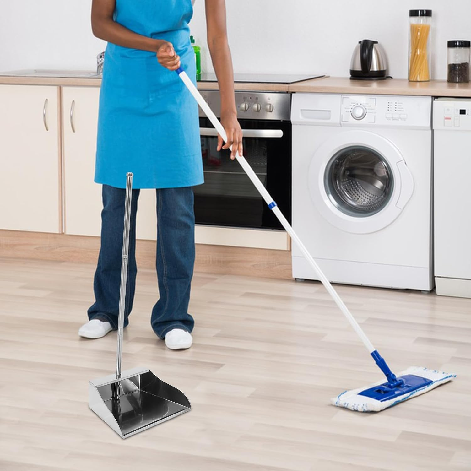 Alipis Stainless Steel Dust Pan, Dustpan Metal Dust Pans Long Handled Heavy Duty Standing Dustpan with Handle Garbage Shovel Trash Shovel Pooper Scooper for Garage Home Yard image number 5