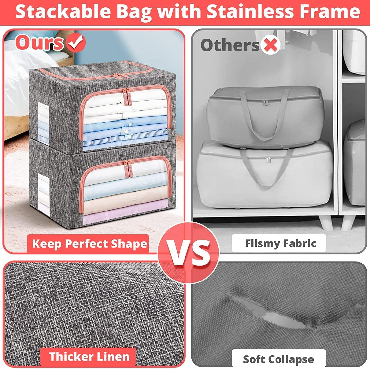 Clothes Storage Bins Box - 2 Pack 22L Cotton and Linen Foldable Stackable Container Organizer Set with Clear Window & Carry Handles & Metal Frame - Large Capacity for Bedding, Blankets, Toys, Books image number 2