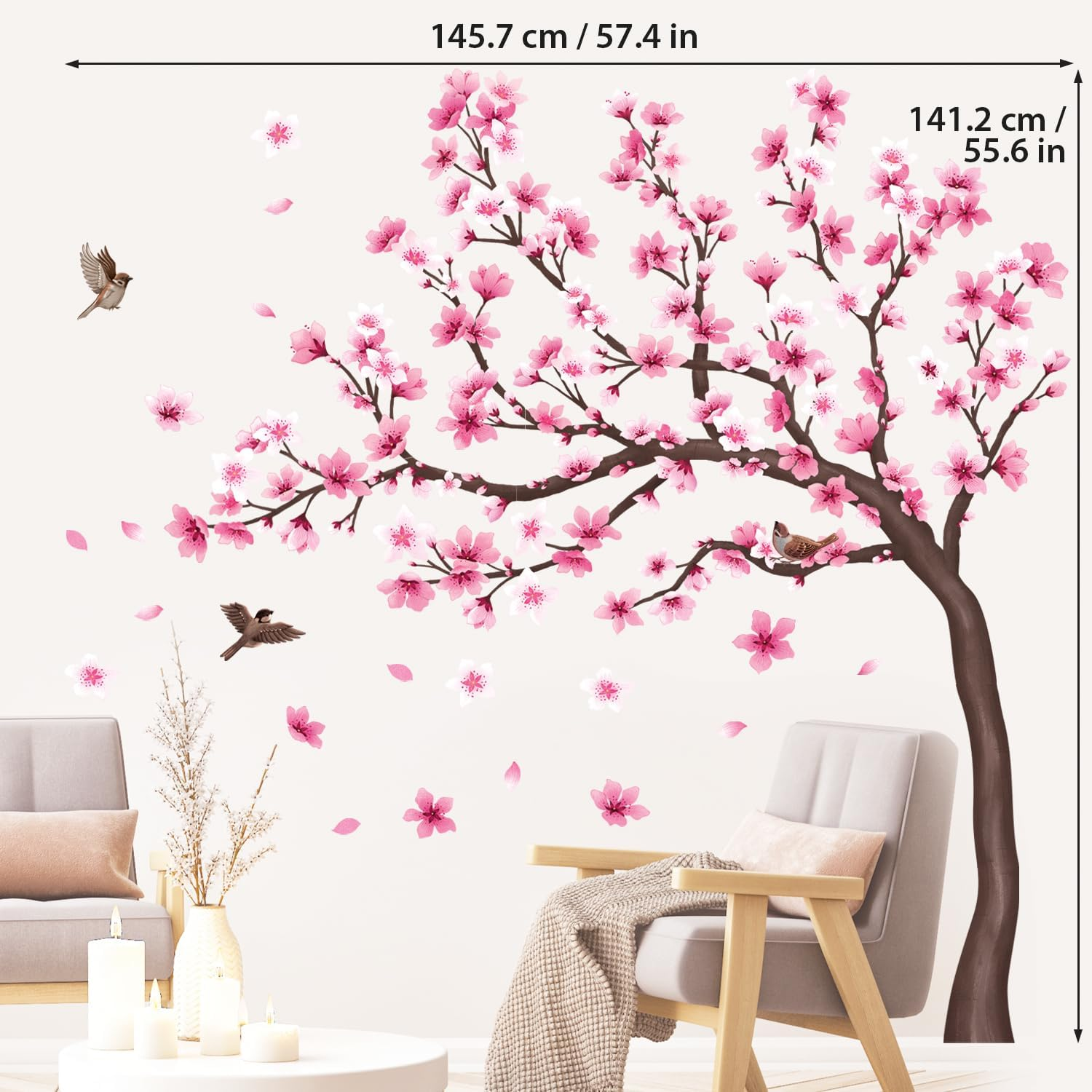 DECOWALL SG4-2431 Cherry Blossom Tree Wall Stickers Decals Kids Room Bedroom Living Flower Branch D&eacute;cor Pink Tv Birds Art Background Peel and Stick image number 4