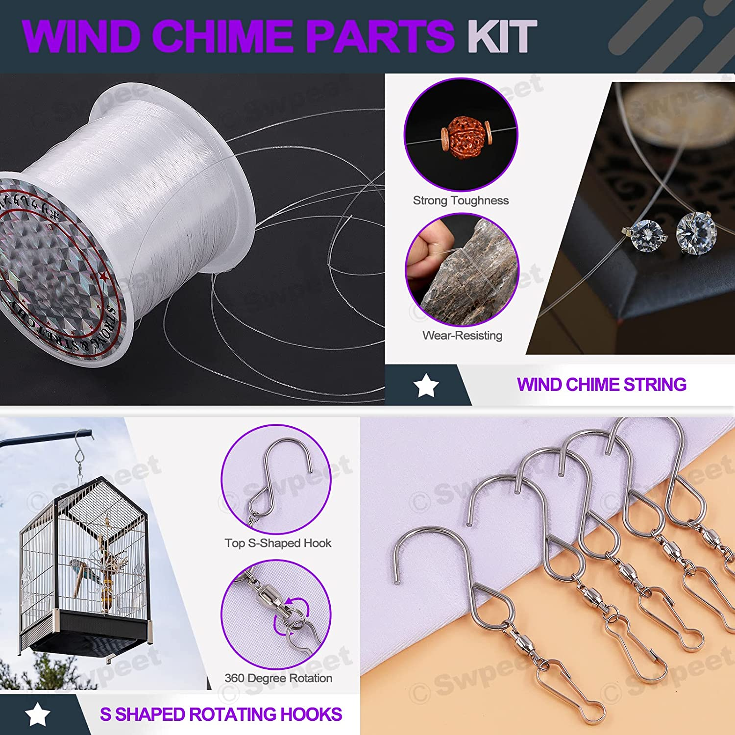 Swpeet 61Pcs Wind Chime Tubes Parts and 100 Yard Wind Chime Wire with Swivel Hooks Clips Making Kit, Wind Chime Supply Wind Chime Part Wind Chime Kit for Crafts DIY Hanging Wind Chimes Ornament image number 4
