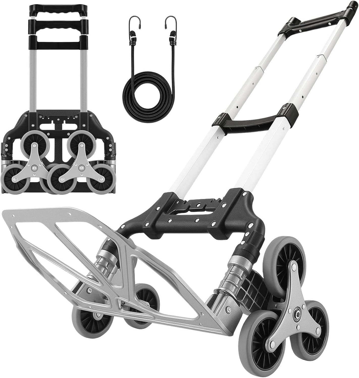 Hand Truck with Stair-Climbing Wheels Foldable Dolly Cart for Stairs Aluminum Utility Cart with Telescopic Handle & Elastic Rope for Luggage, Travel, Shopping 75KG