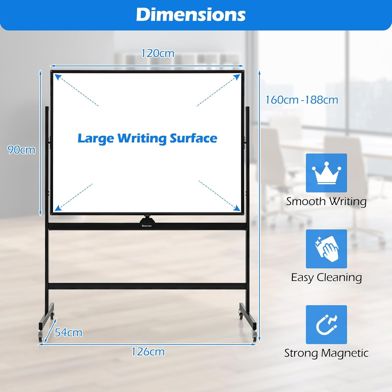 Costway 90 X 120 Cm Mobile Magnetic Whiteboard, Double-Sided Reversible & Lockable Free-Standing Whiteboard, Adjustable-Height, 360&deg; Rolling Dry Erase Board with Flip Chart for School, Office, Home