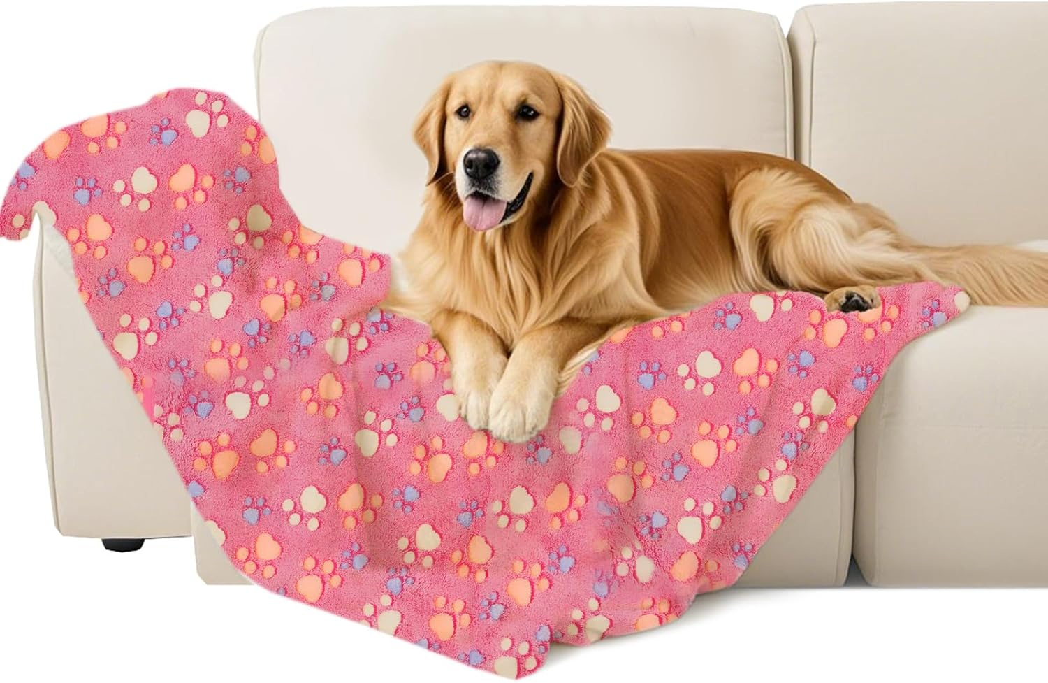 Dog Blanket Warm Sleeping Mat, Soft Coral Fleece Pet Blanket, Cute Paw Print Cat Blanket Dog Accessories for Bed Couch Sofa (White, Medium (30"X20"))