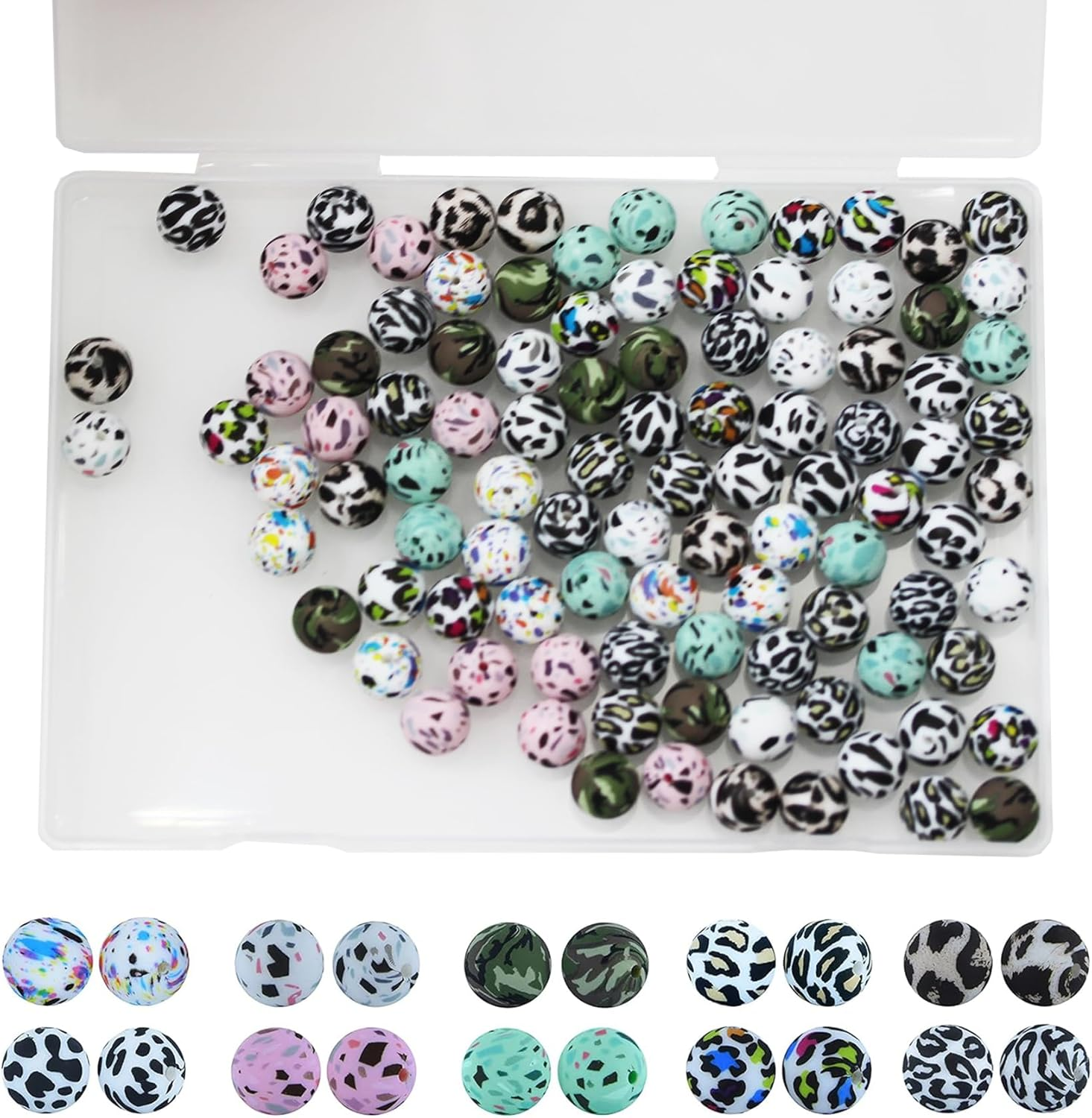 100 Pieces Silicone Beads, Betterjonny 10 Colors Loose Beads with Storage Box 15Mm Cow Leopard Print round Beads for Necklace Bracelet DIY Crafts