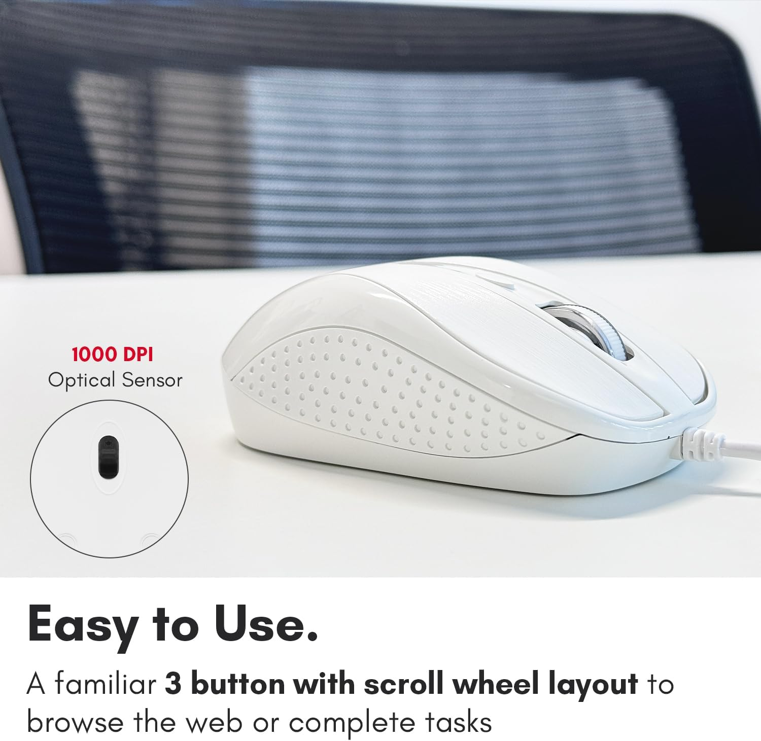 Macally USB Wired Mouse with 3 Button, Scroll Wheel, & 5 Foot Long Cord, USB Mouse for Laptop and Desktop, Computer Mouse Wired Compatible with Apple Macbook, Imac, Mac Mini, Windows PC, & Chromebook image number 3