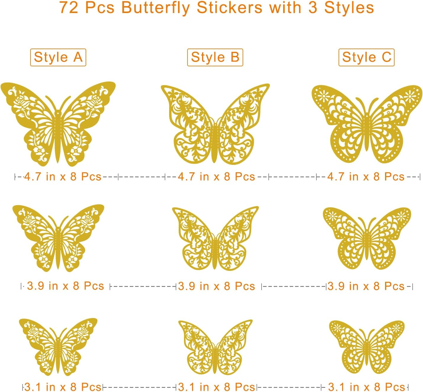 72Pcs 3D Butterfly Wall Decor, Gold Butterfly Decorations 3 Styles 3 Sizes, Butterfly Party Birthday Cake Decorations, Gold Butterfly Wall Stickers for Girls, Kids, Nursery, Wedding Decor image number 1