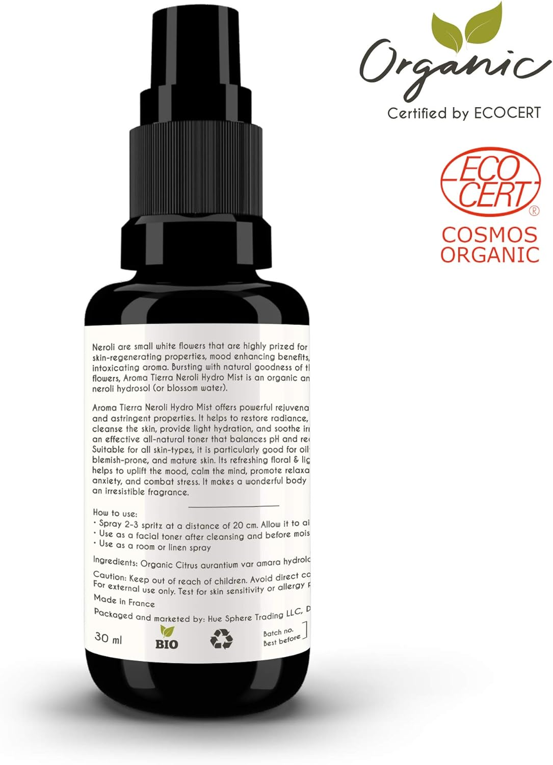 Aroma Tierra Organic Neroli Hydrosol Mist Spray (Neroli Water, Orange Blossom) - for Face, Skin, Facial Toner, Stress, Anxiety & Sleep - 100% Pure, No Alcohol - 30Ml image number 6