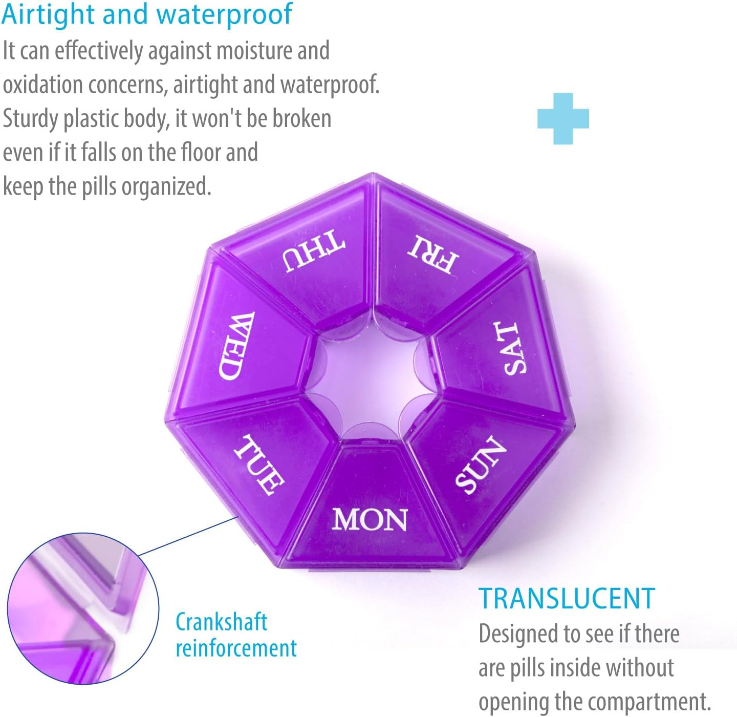 7-Sided Portable Pill Box Medicine Planner Small Case (Seven Day Weekly Travel Container) Medication, Vitamin Holder Boxes Organizer Pillbox Dispenser Organizer, Sorter and Reminder Containers image number 3
