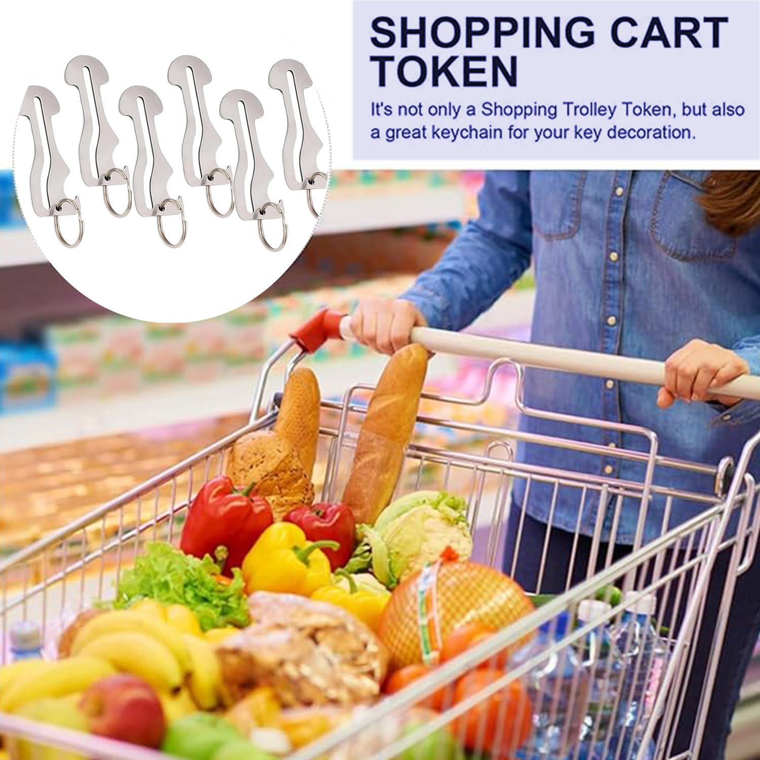 Roczential 6 Pieces Stainless Steel Shopping Cart Tokens and Disassembly Key Ring, Suitable for Supermarket and Convenience Store Unlocking