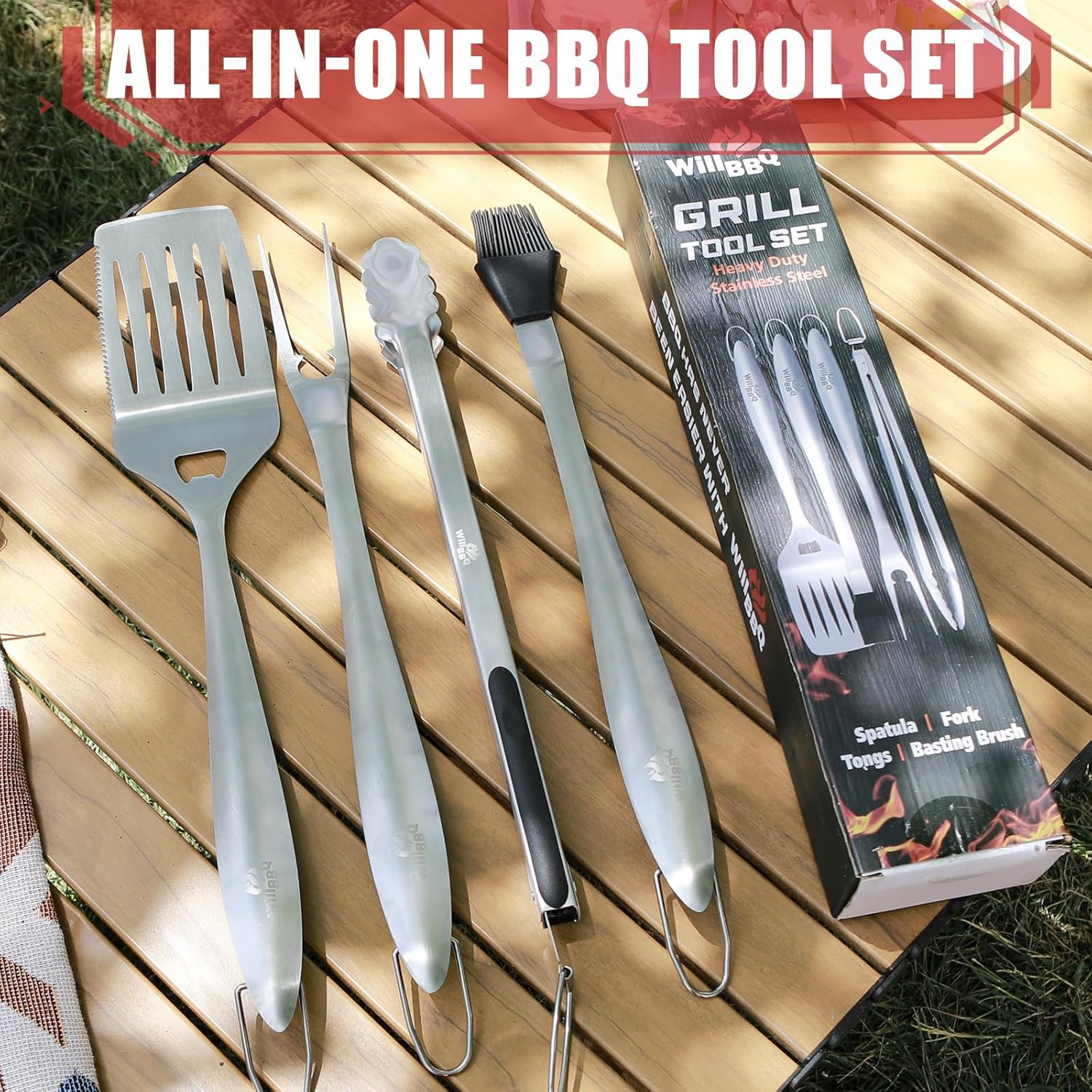 Willbbq 4-Piece BBQ Tool Set &ndash; Stainless Steel Grill Utensils with Tongs, Spatula, Fork & Brush &ndash; Heat-Resistant, Long Handle, Gift Ready image number 6