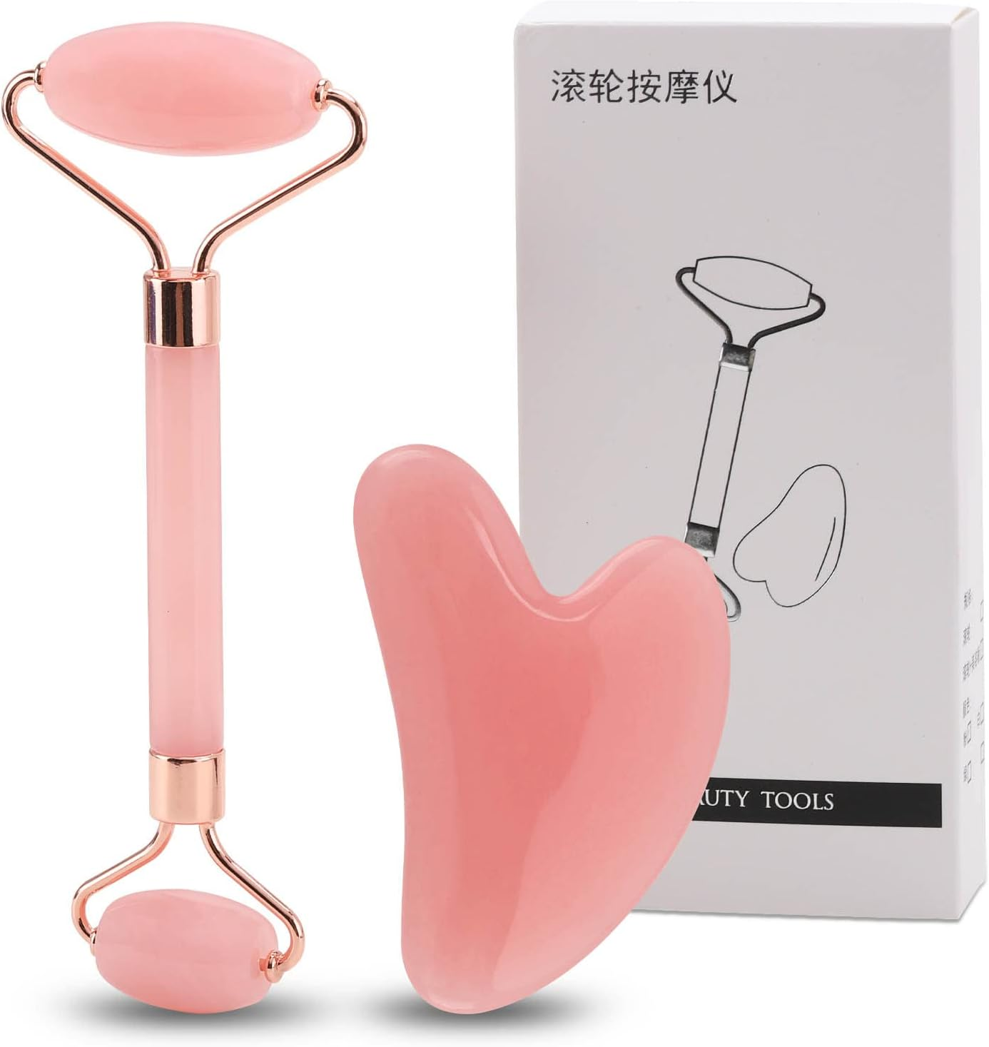 2 Pieces Jade Roller and Gua Sha Tool, Face Roller, Facial Beauty Roller Skin Care Tools Rose Quartz Massager for Face, Eyes, Neck, Body Muscle Relaxing and Relieve Fine Lines and Wrinkles image number 1
