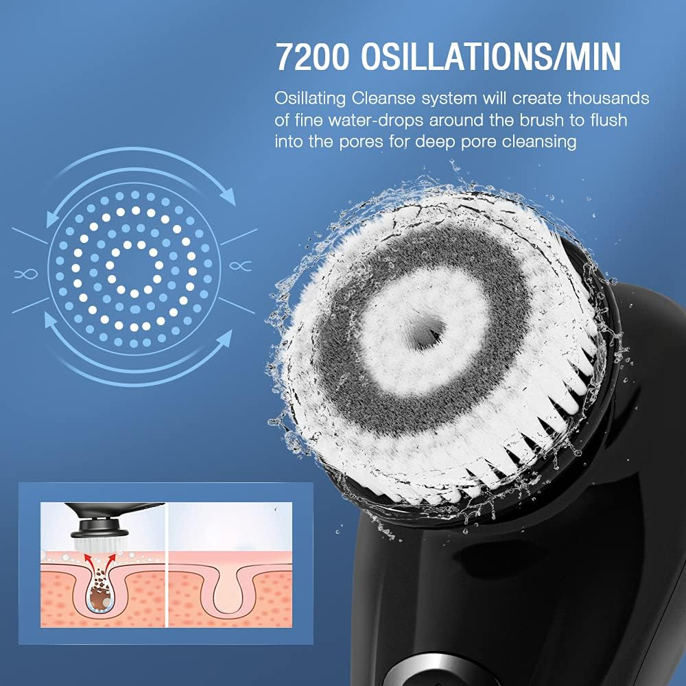 Touchbeauty 6&deg; Oscillating Facial Brush for Men with 2PCS Replacement Brush Heads, Waterproof Men'S Face Scrubber Brush Facial Exfoliator Device Black TB-1487M-05