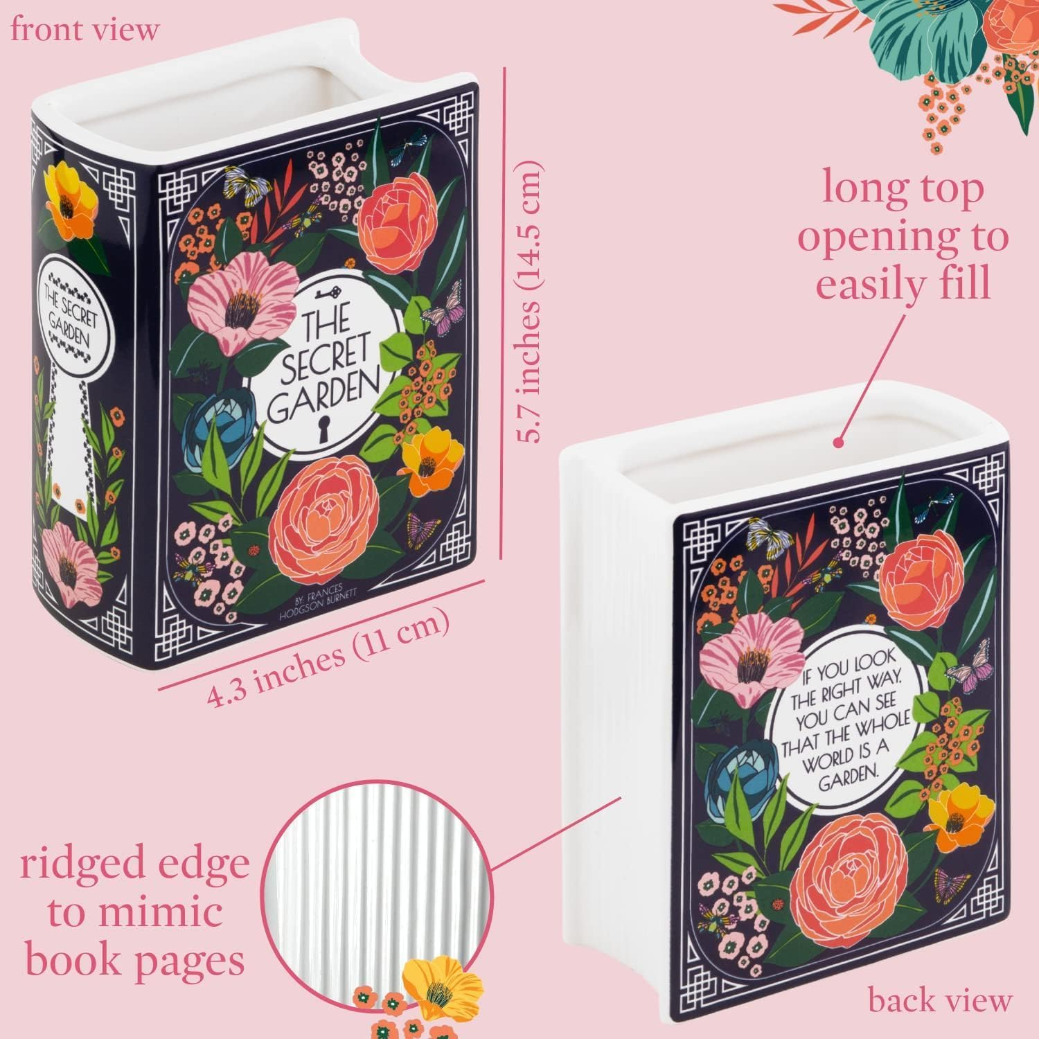 Book-Shaped Decorative Vase, Ceramic Vases for Home Decor, Cute Bookshelf Decor, Unique Vase for Book Lovers (Small - Secret Garden)