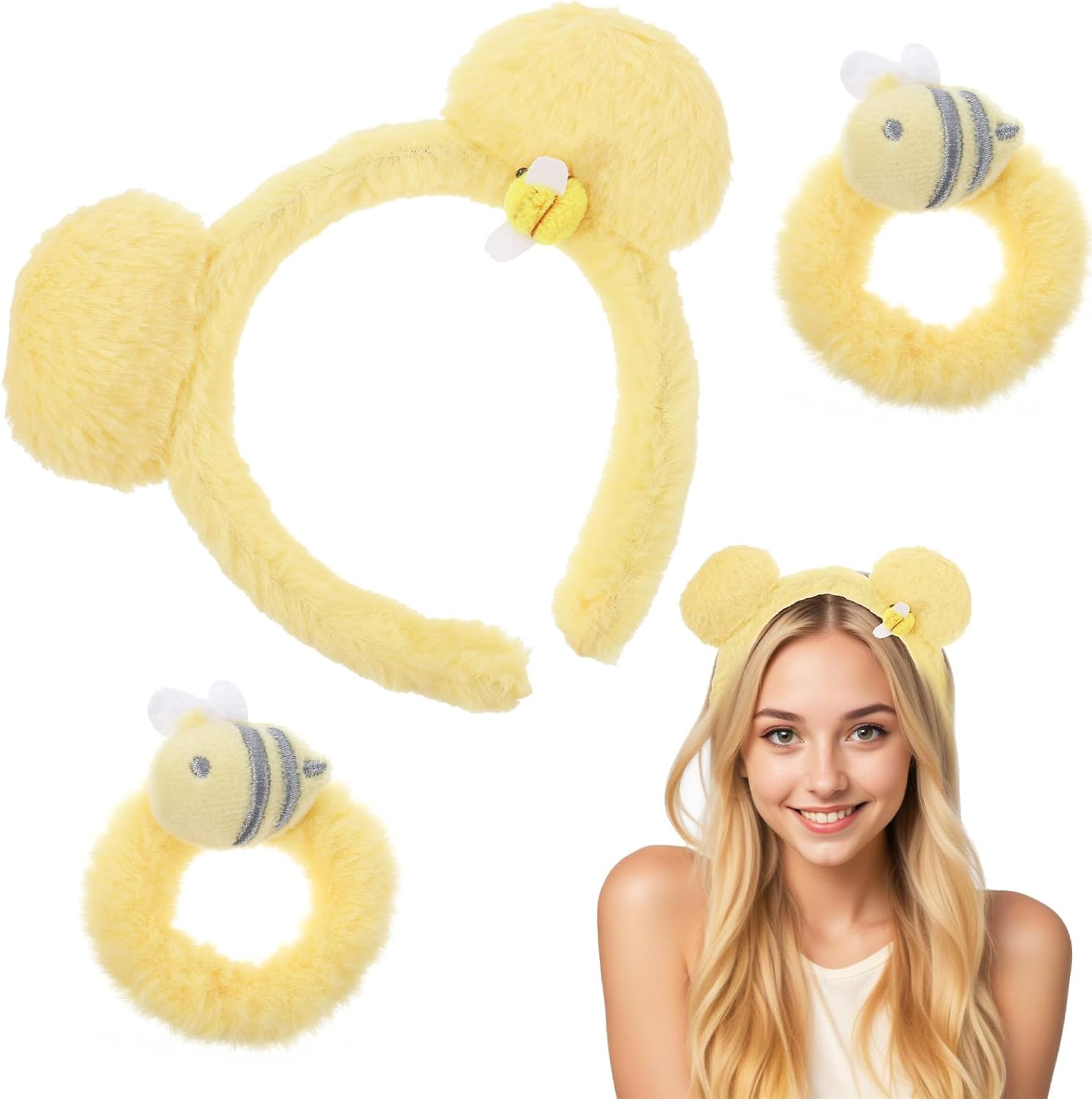Ptwola 3 Pcs Yellow Plush Bear Ears Headband Hairband Animal Ears Headwear Hair Ties Cute Halloween Festival Cosplay Party Costume Accessories Set Ponytail Holders for Makeup Face Washing image number 5