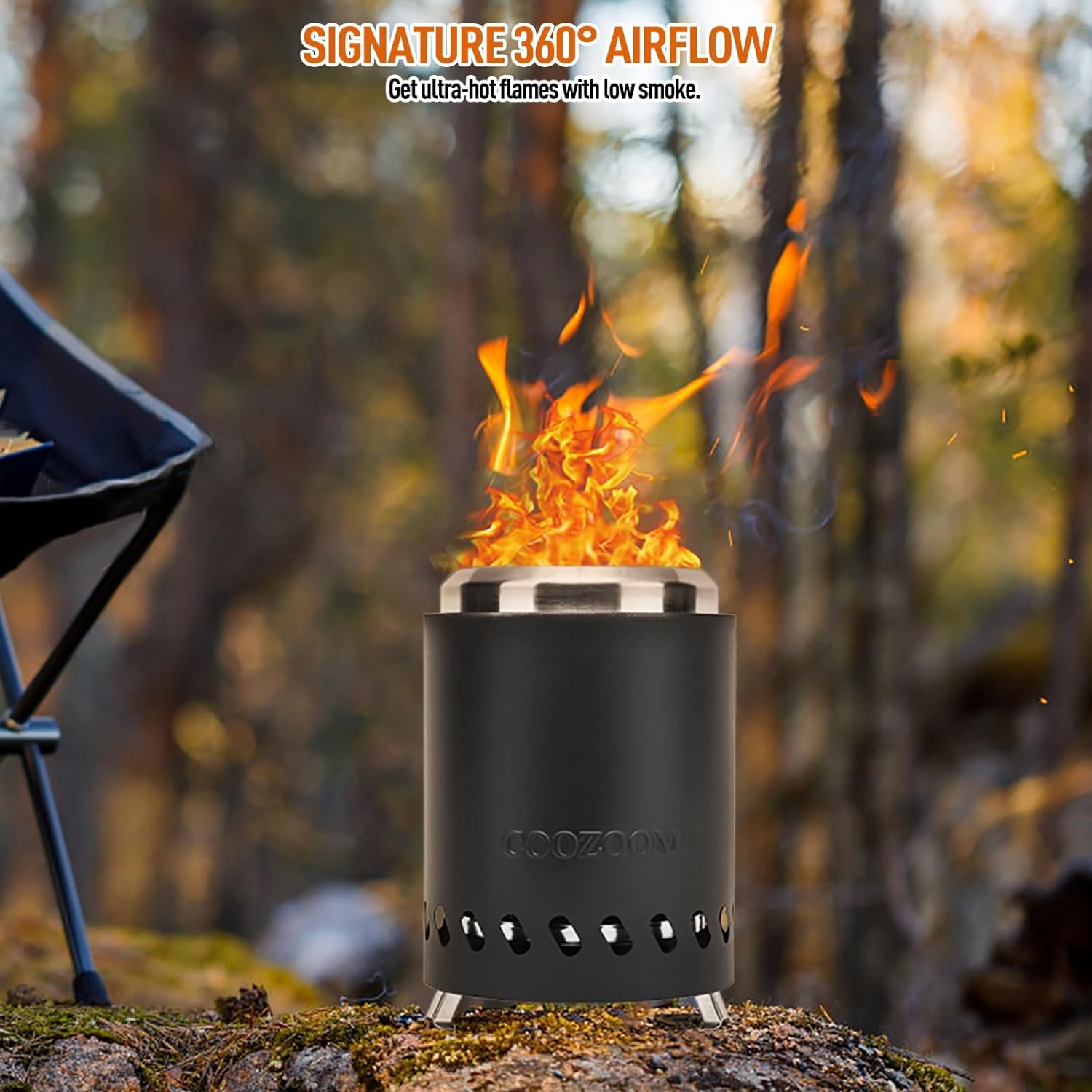 Portable Table Top Fire Pit: 5.5" Stainless Steel Mini Outdoor Stove with Stand, Low Smoke Burning Tabletop Firepit Fueled by Pellets or Wood, for Urban & Suburbs outside Camping Black image number 1