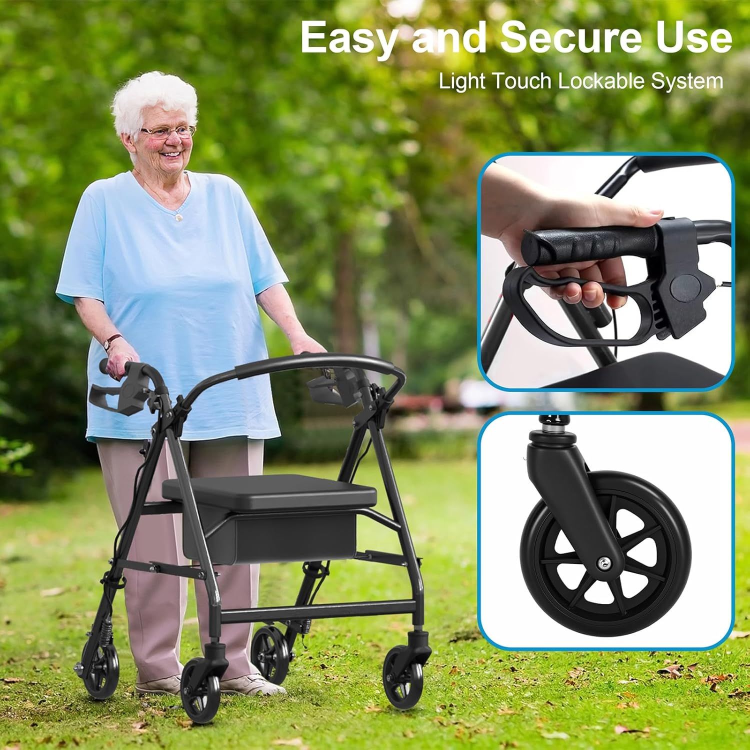 Advwin Lightweight Rollator Walker, 4-Wheel Folding Mobility Aid with Padded Seat, Dual Brake System, Adjustable Arms, and Under-Seat Storage Bag for Seniors and Elderly image number 5