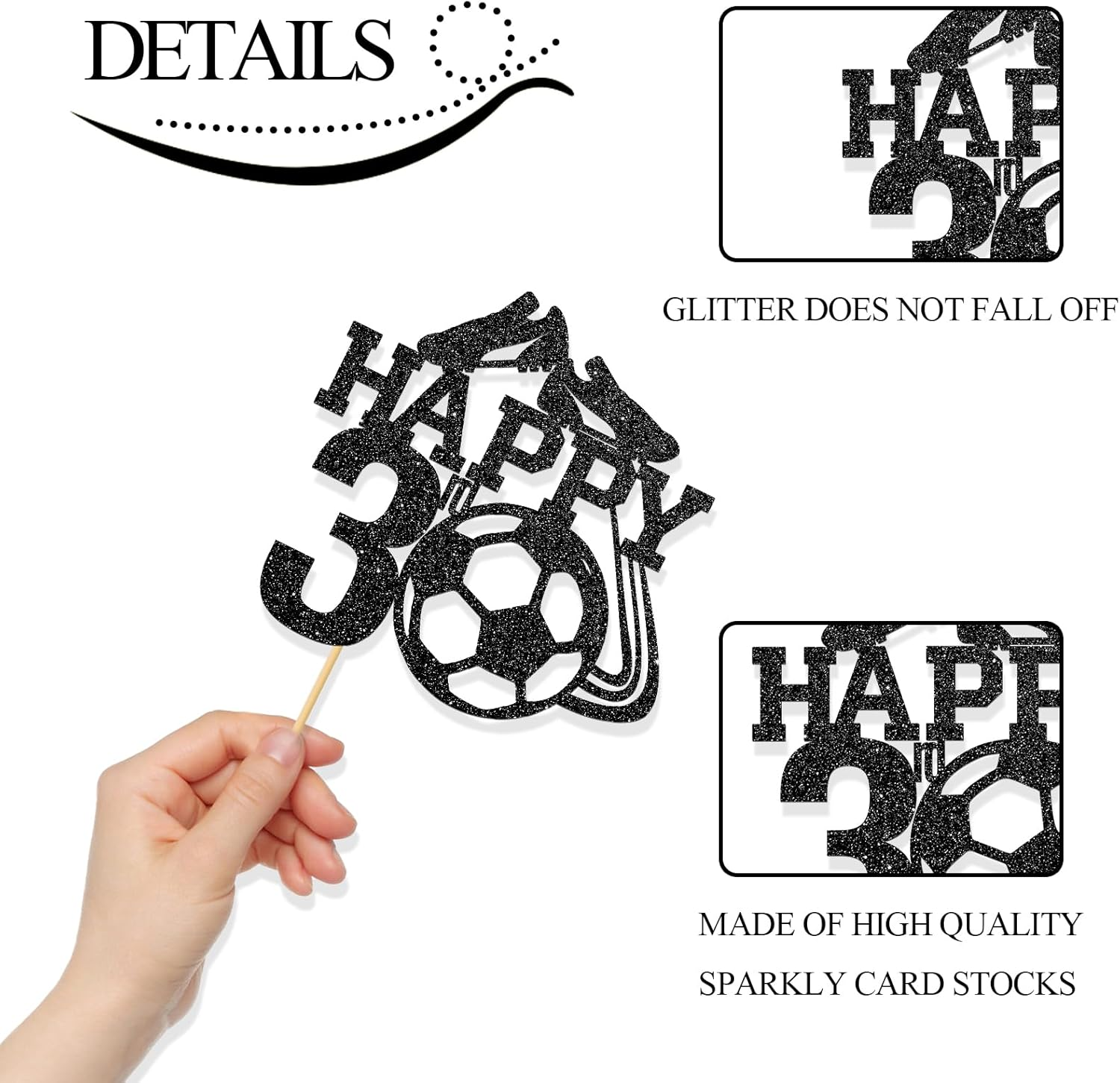 Monmon & Craft Soccer 3Rd Birthday Cake Topper/Sport Theme Soccer Ball Cake Docer/Soccer Player Boy 3Rd Birthday Party Decorations - Black Glitter image number 4